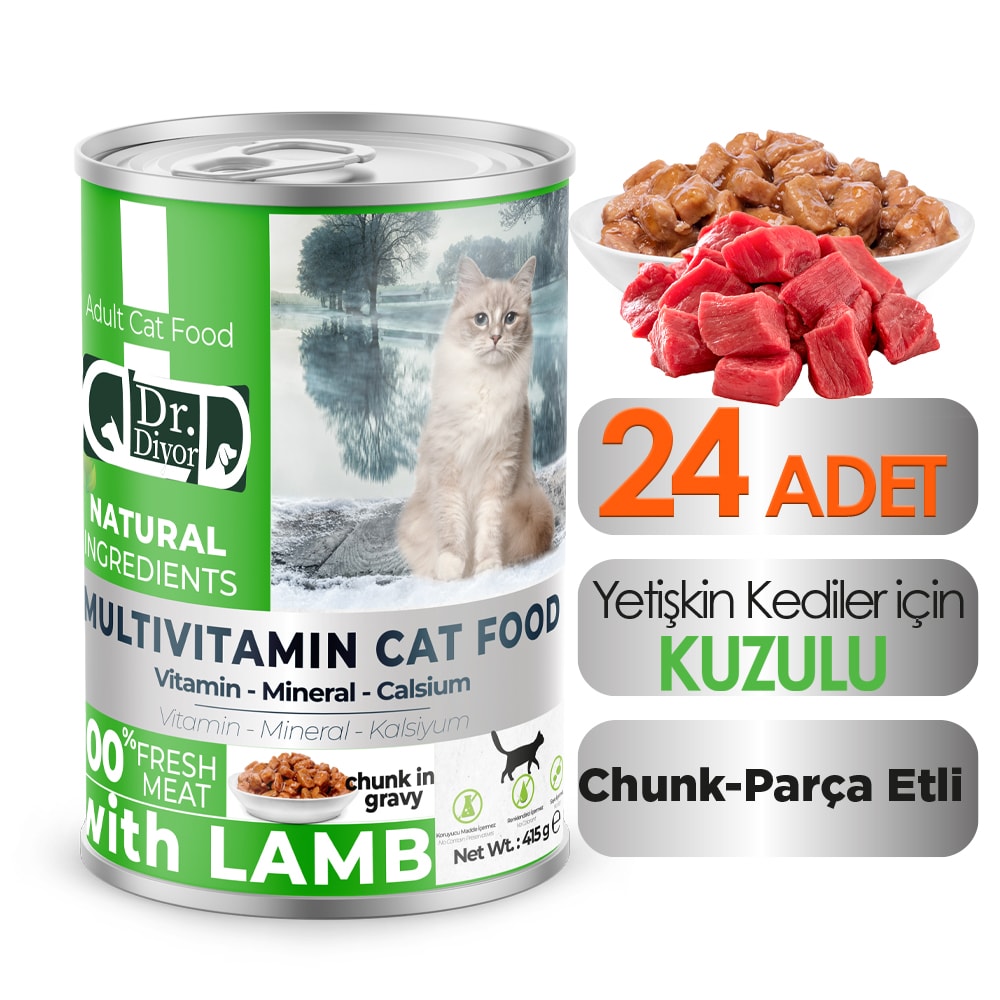 DrDiyor Yetişkin Kediler için Kuzulu Parça Etli 400 gr. 24 ADET