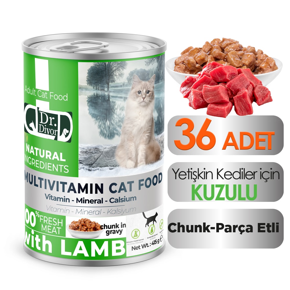DrDiyor Yetişkin Kediler için Kuzulu Parça Etli 400 gr. 36 ADET