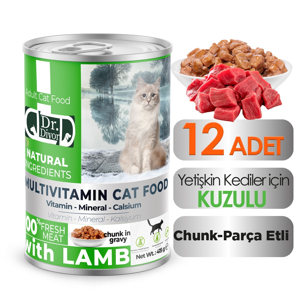 DrDiyor Yetişkin Kediler için Kuzulu Parça Etli 400 gr. 12 ADET