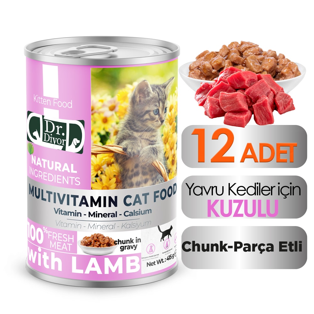 DrDiyor Yavru Kediler için Kuzulu Parça Etli 400 gr. 12 ADET
