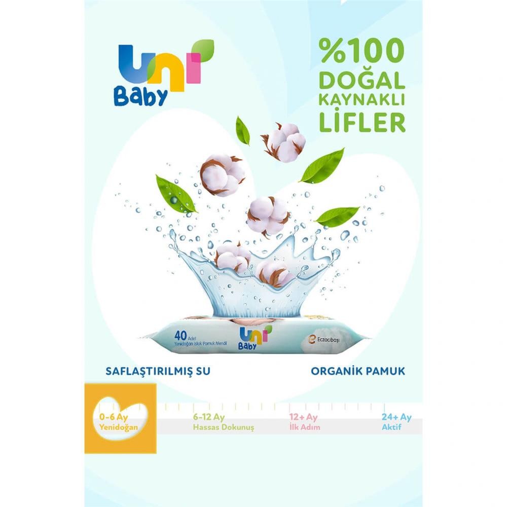 Uni Baby Yenidoğan Islak Pamuk Mendil 12X40Lı Avantaj Paket 0-6 Ay