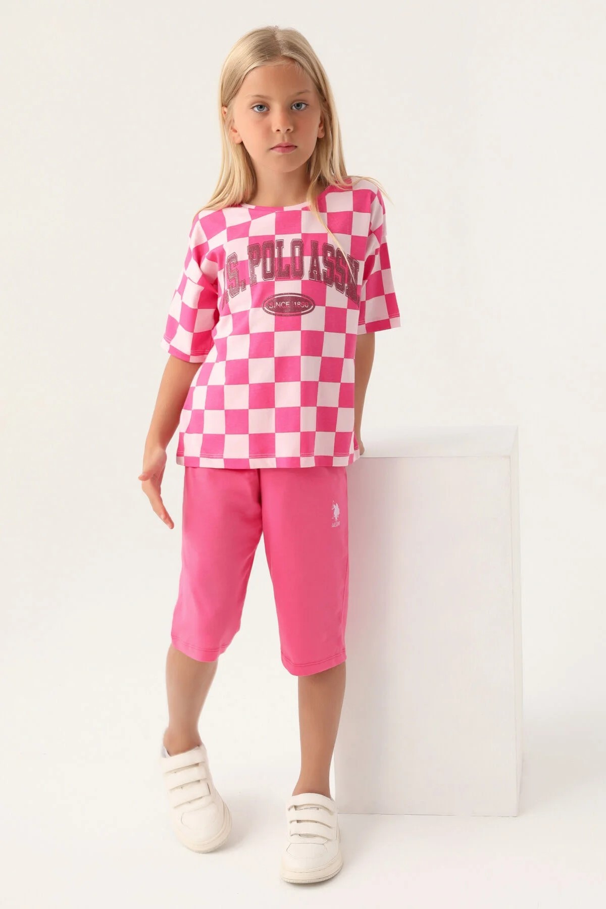 U.S Polo Plaid Toz Pembe Kız Çocuk 2li Kapri Takım