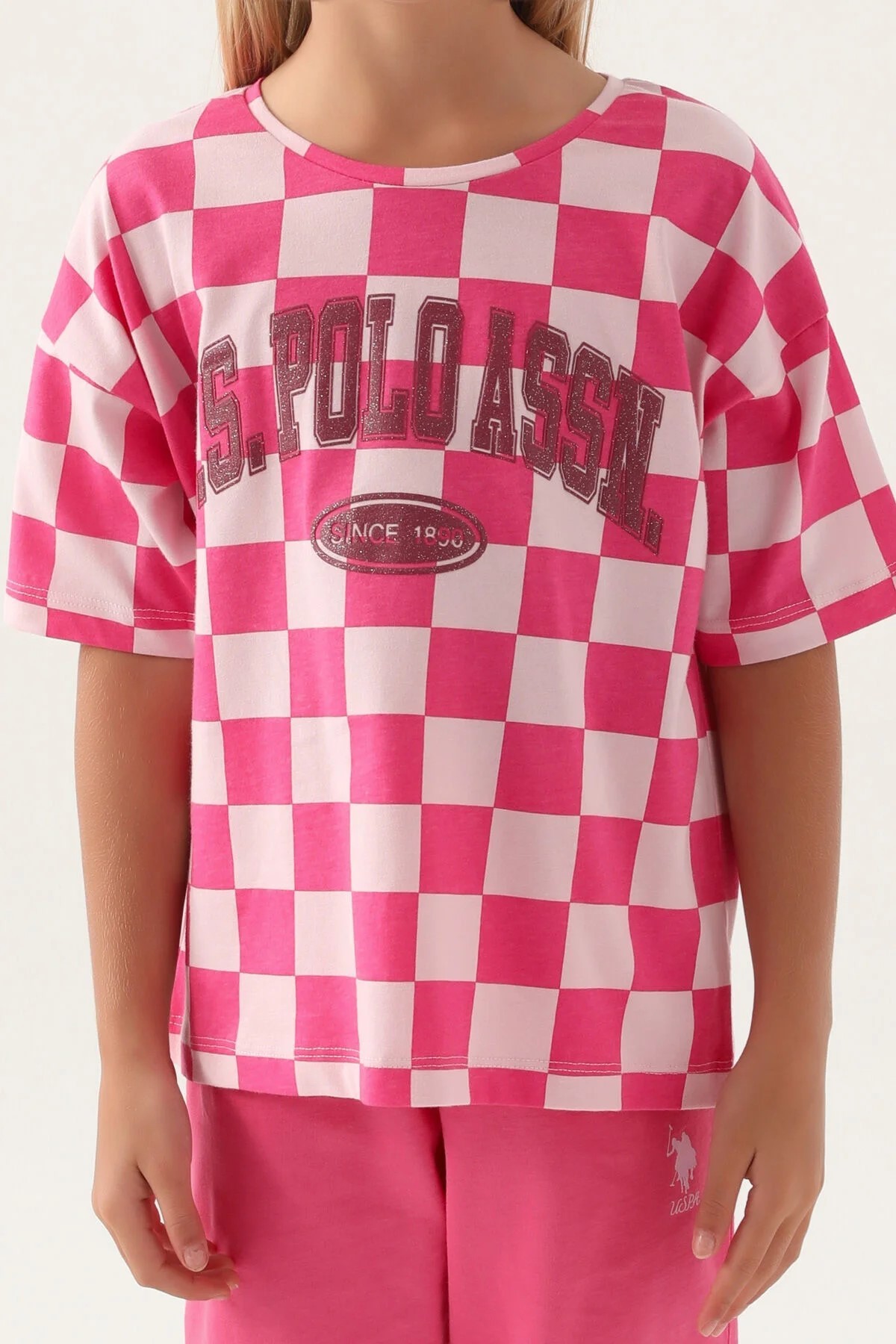 U.S Polo Plaid Toz Pembe Kız Çocuk 2li Kapri Takım