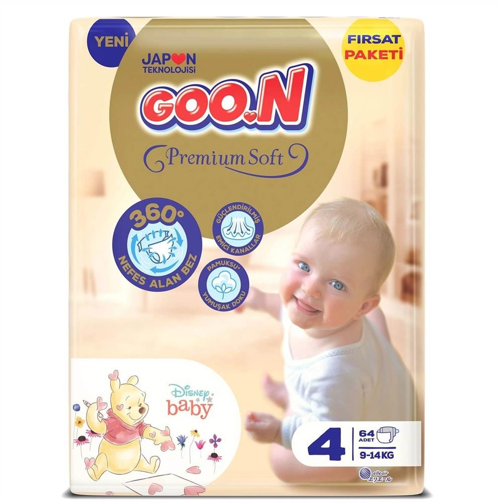 Goon Premium Bebek Bezi 4 Beden 9-14 Kg 64Lü Fırsat Paket