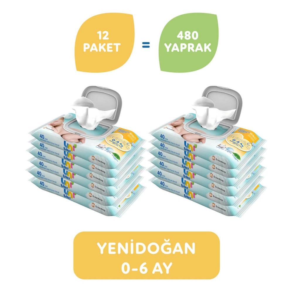 Uni Baby Yenidoğan Islak Pamuk Mendil 12X40Lı Avantaj Paket 0-6 Ay