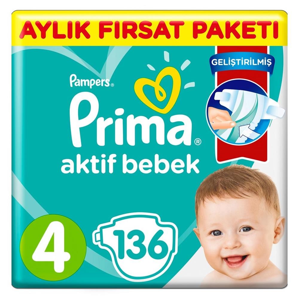 Prima Aktif Bebek Bezi 4 Beden Maxi 9-14 Kg 136lı Aylık Fırsat Paketi