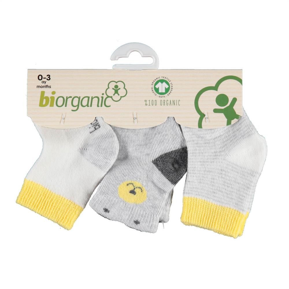 Bibaby Organik Çorap Soket 3Lü Cute Bear Gri - Sarı