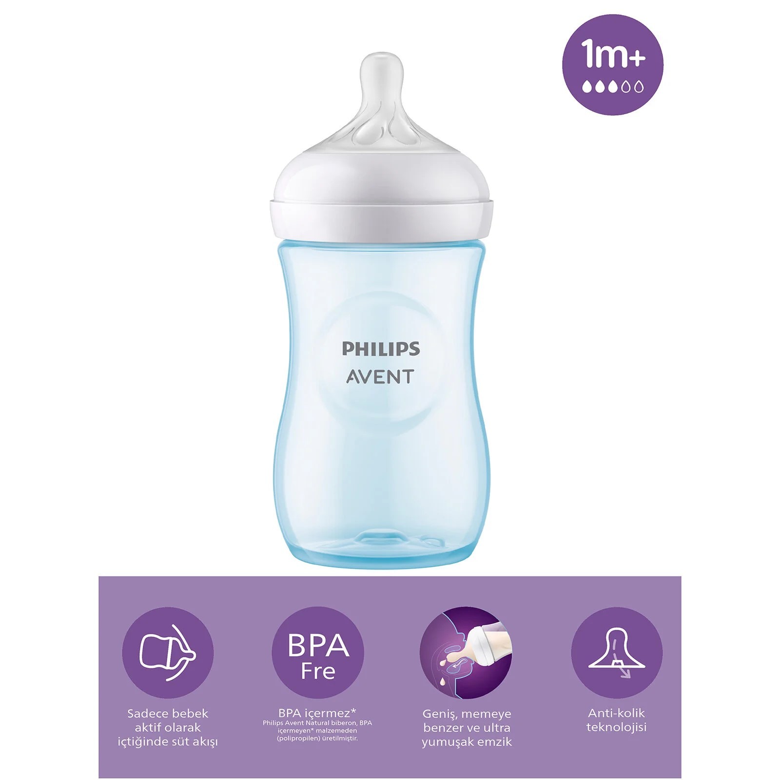 Philips Avent Doğal Tepkili PP Biberon 260ml 1+ Ay Mavi