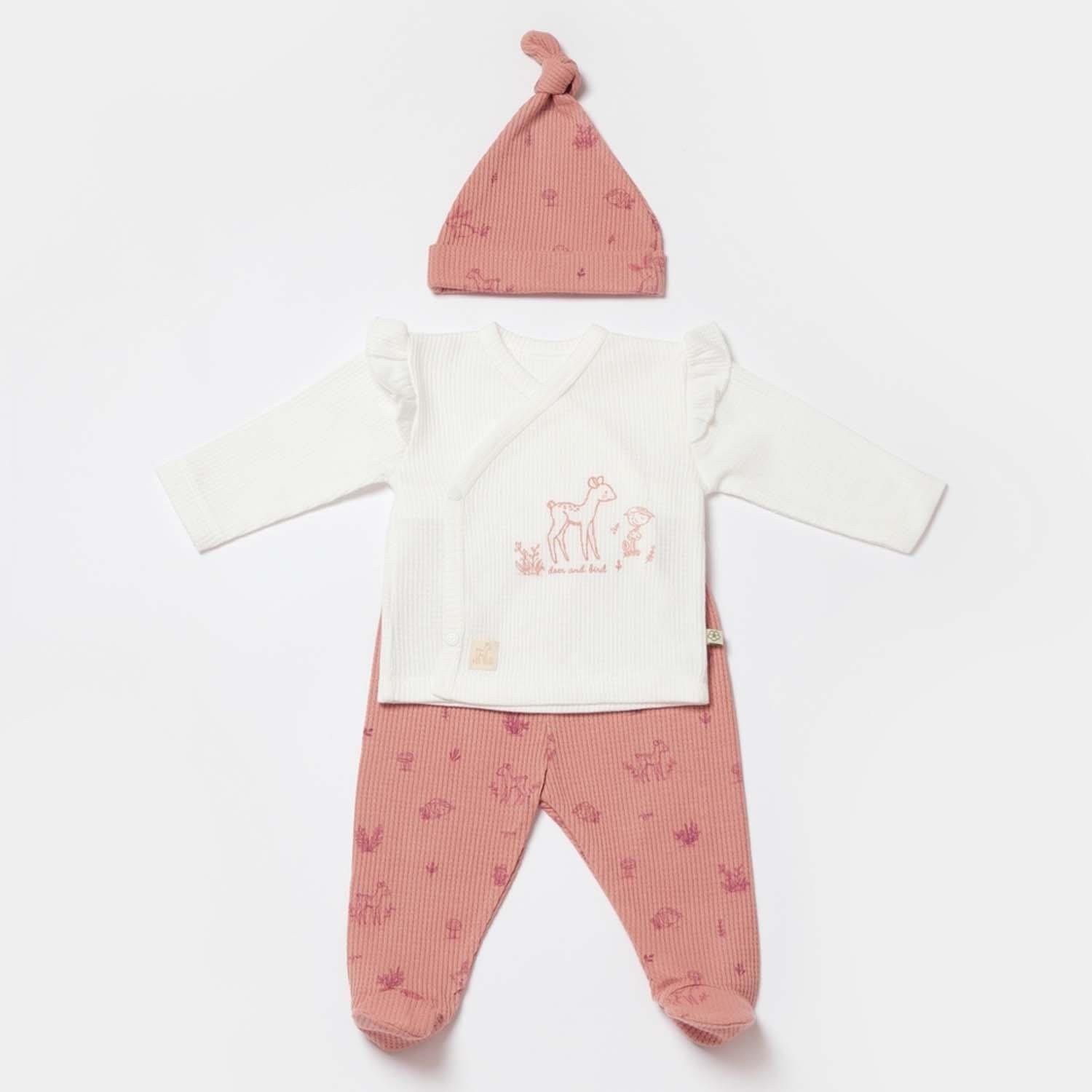 Bibaby Organik Zıbın Takımı 3lü Waffle Deer And Bird Ekru - Rose