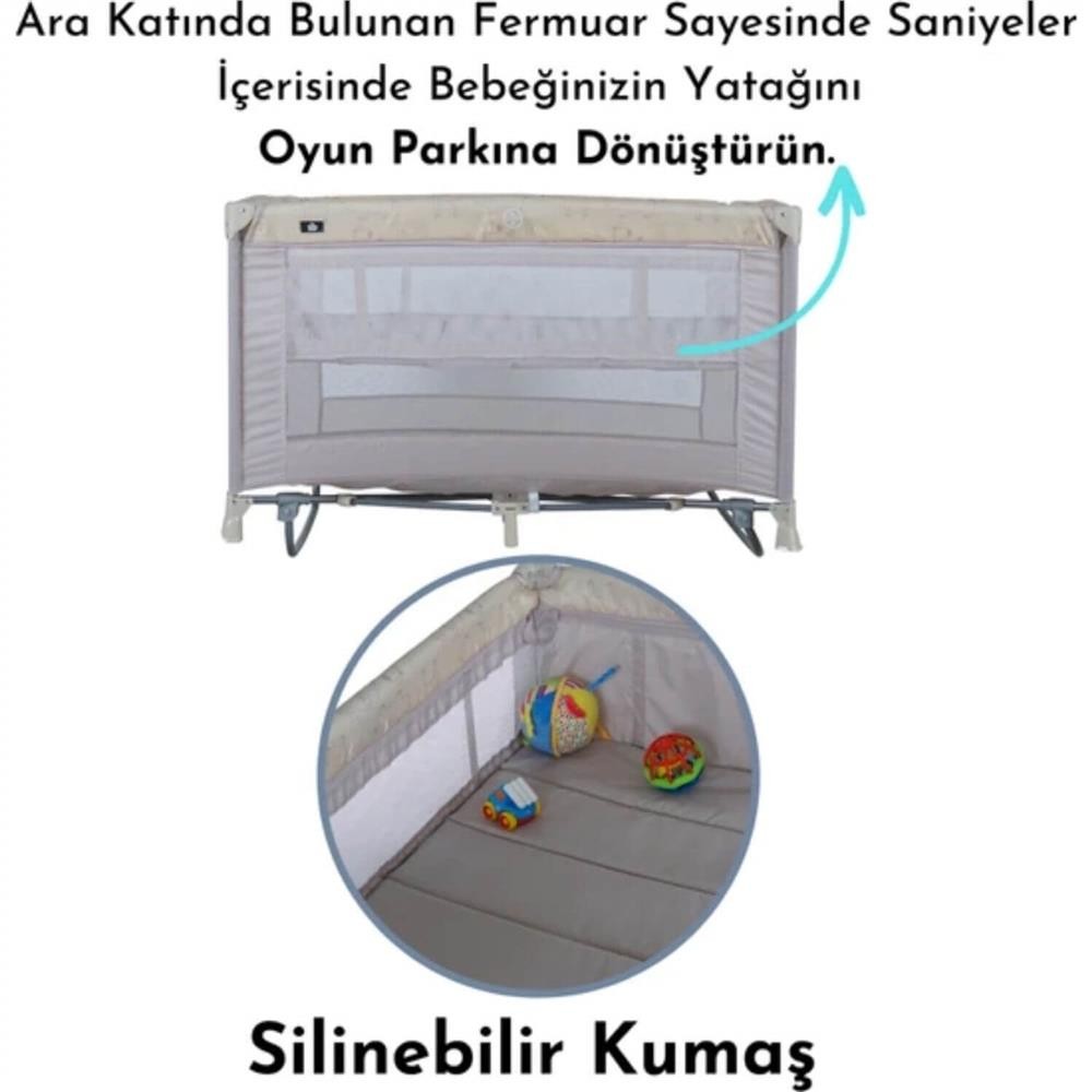 Sunny Baby Seul Ara Katlı Sallanma Aparatlı Oyun Parkı Park Yatak 70X120 Cm Bej