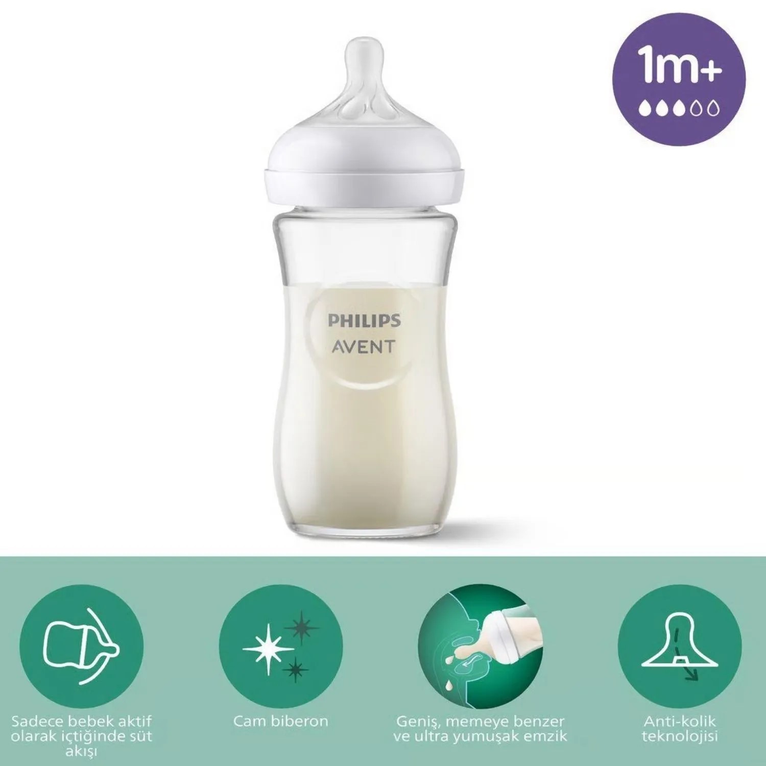 Philips Avent Doğal Tepkili Cam Biberon 240ml 1+ Ay