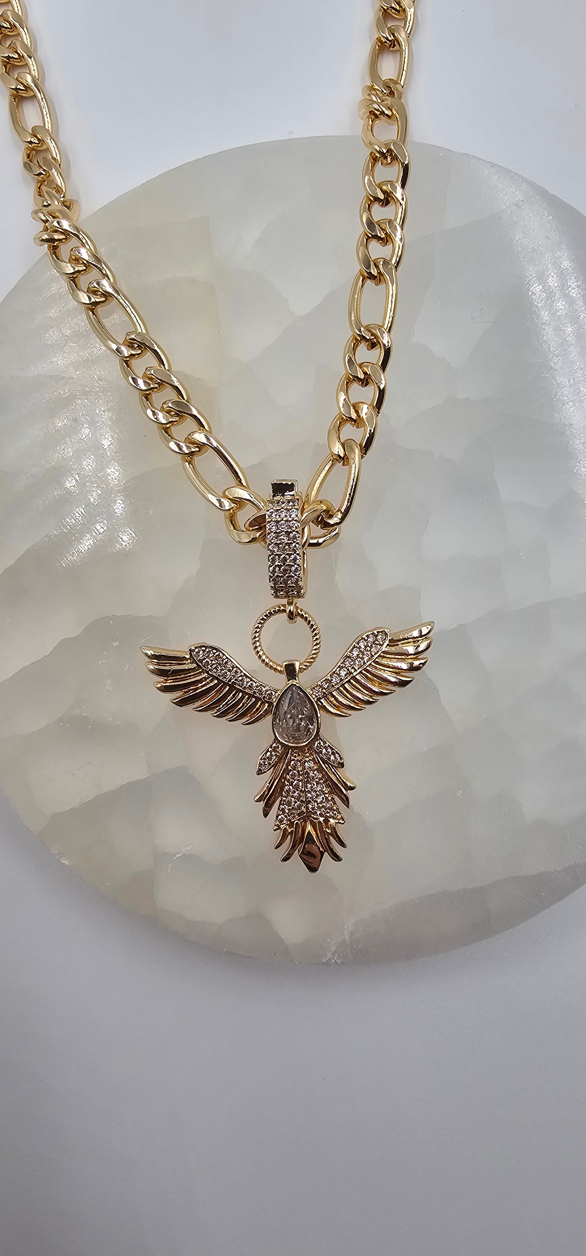 ALTIN KAPLAMA ANKA CHARM KOLYE UÇLU  ZİRİKON TAŞLI KOLYE