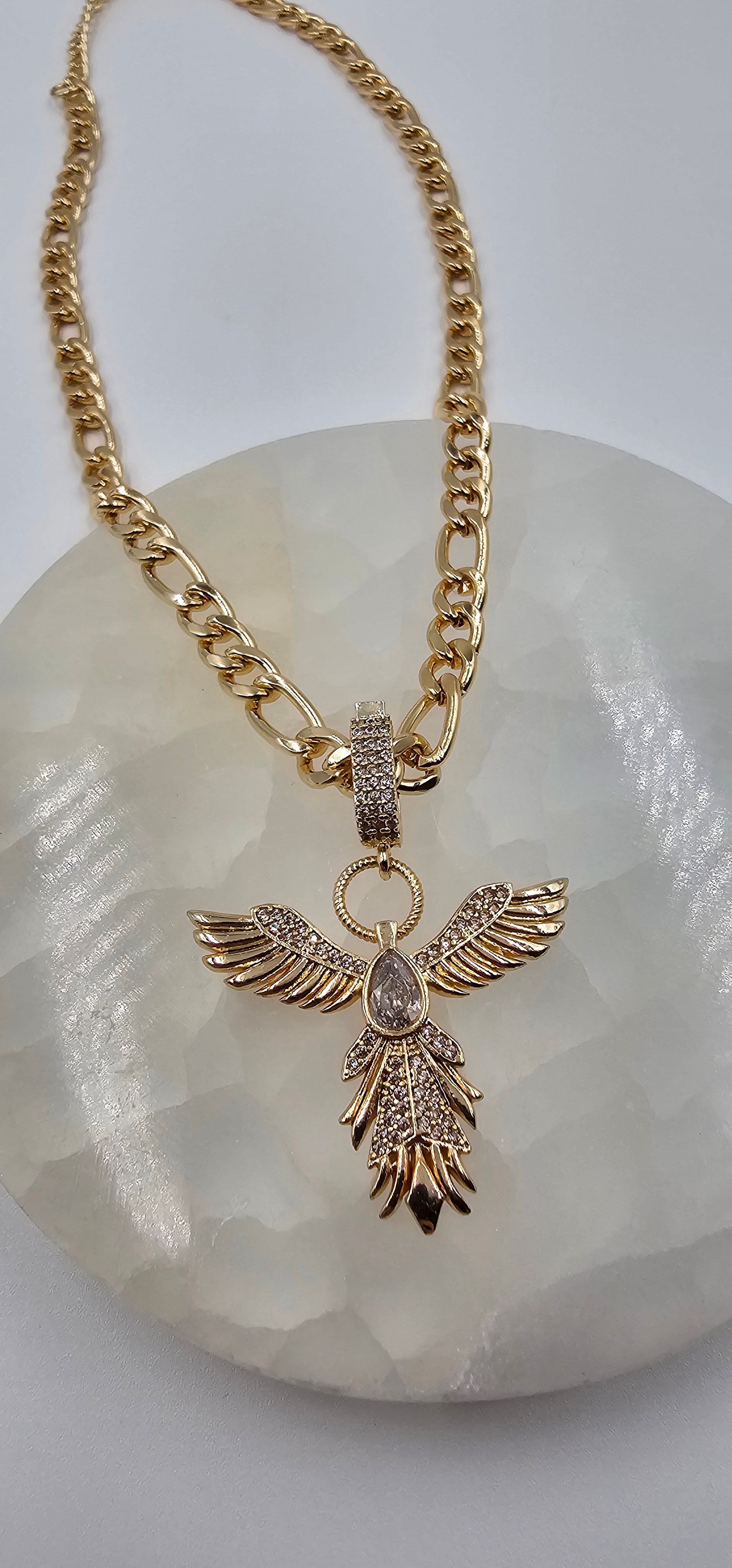 ALTIN KAPLAMA ANKA CHARM KOLYE UÇLU  ZİRİKON TAŞLI KOLYE