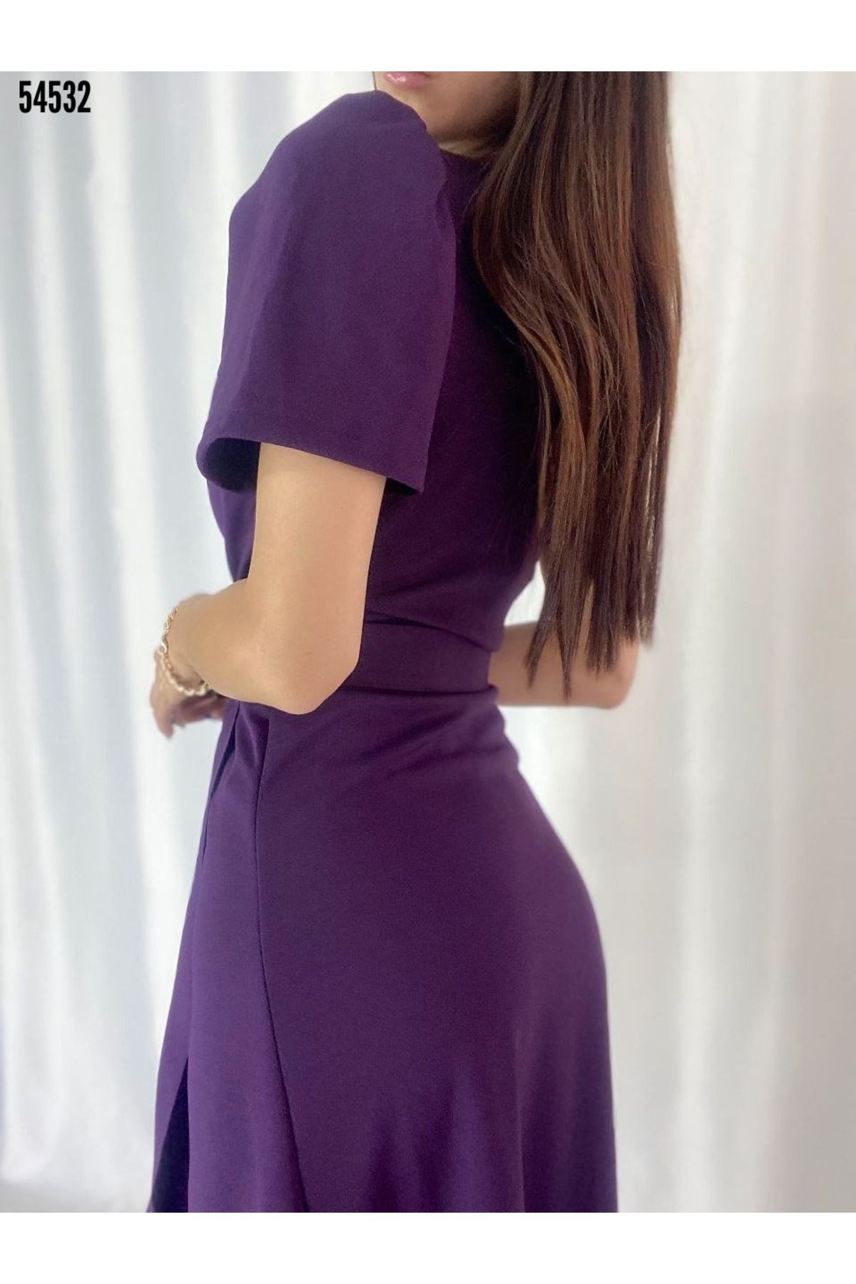 Kadın Kruvaze Yaka Midi Boy Kuşaklı Krep Elbise 120 Cm