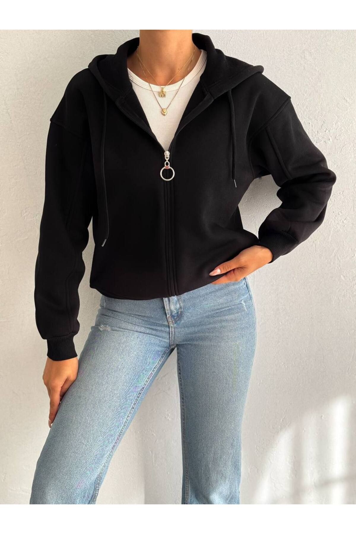 Fermuarlı Kapüşonlu Oversize Polar İçli Sweatshirt