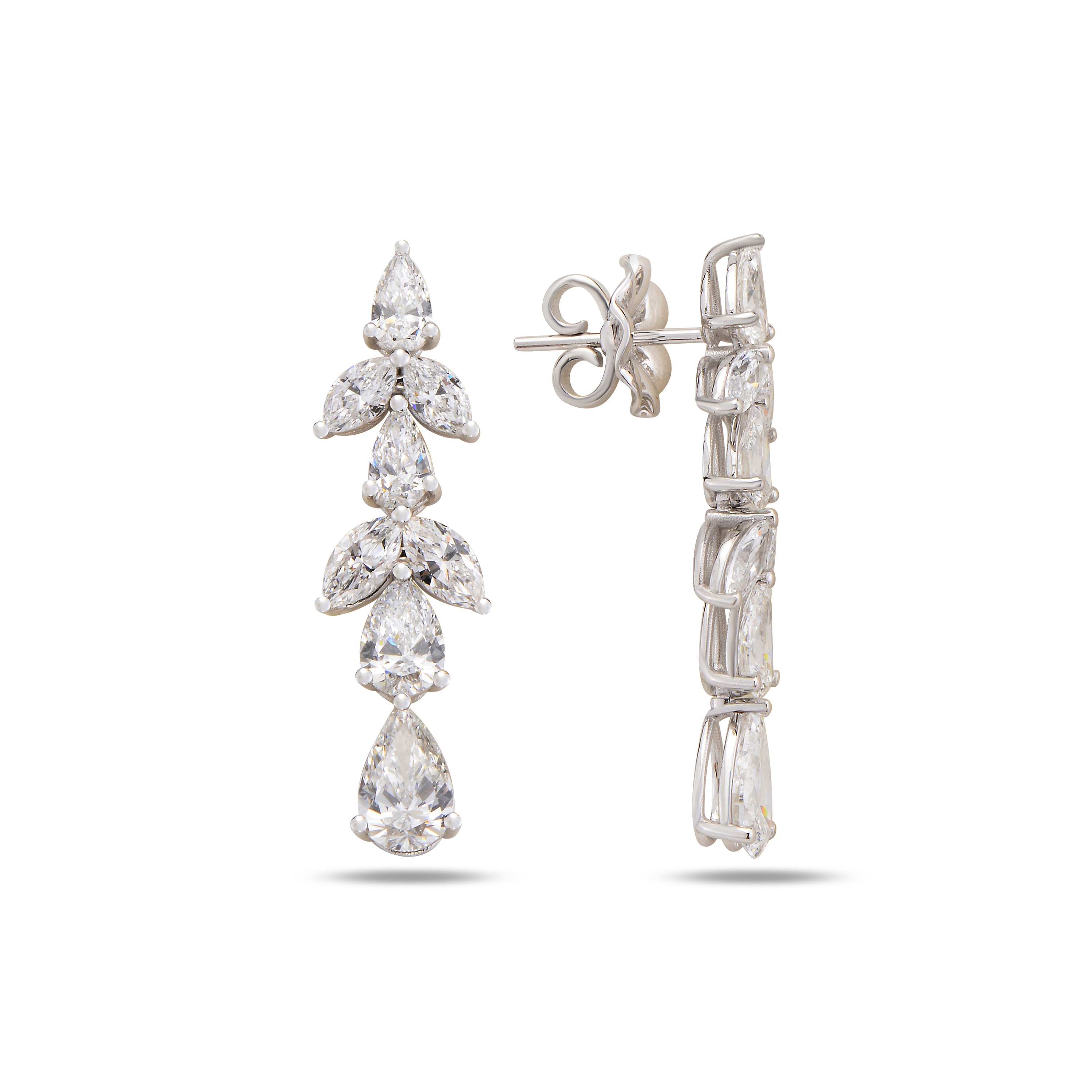 Dangling Diamond Drop and Marquise Stone 14K White Gold Earrings