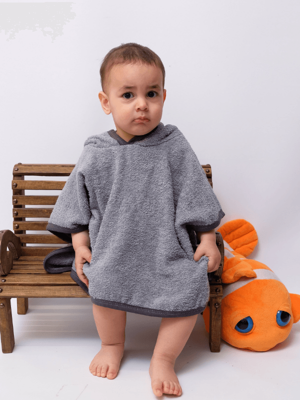Organik %100 Pamuk Müslin Kapşonlu Plaj Çocuk Bebek Panço Bornoz Banyo Havlu Kapüşonlu - Gri