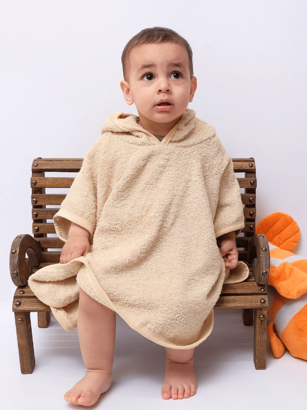 Organik %100 Pamuk Müslin Kapşonlu Plaj Çocuk Bebek Panço Bornoz Banyo Havlu Kapüşonlu - Camel