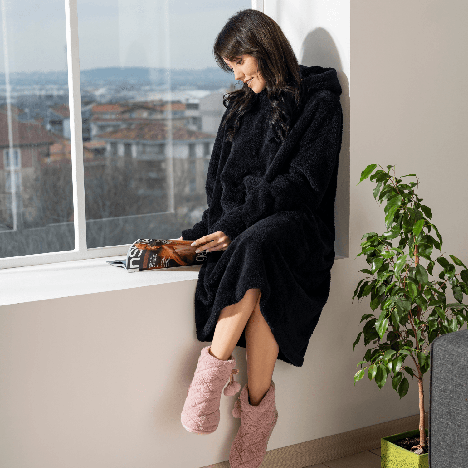 Wellsoft Kapüşonlu Giyilebilir Tv Battaniyesi Unisex Over Size - Siyah