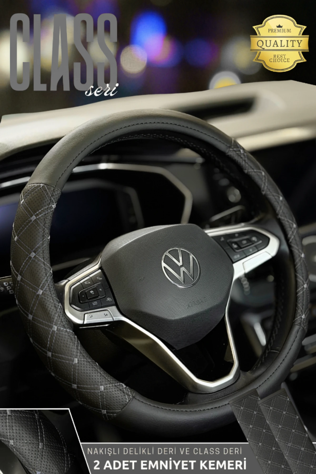 Class Serisi Nakışlı Direksiyon Kılıfı ve 2 Adet Emniyet Kemer Pedi  - FÜME