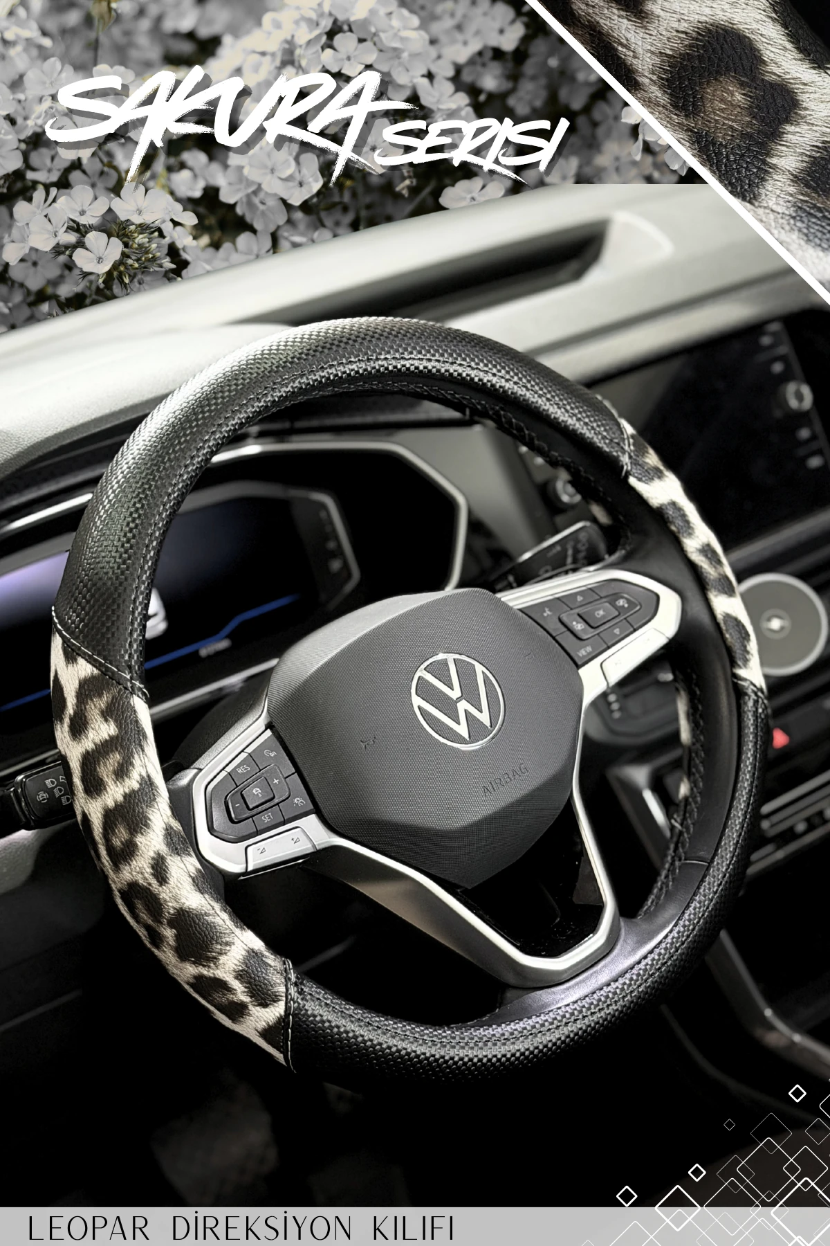 Sakura Serisi Leopar Direksiyon Kılıfı - BEYAZ