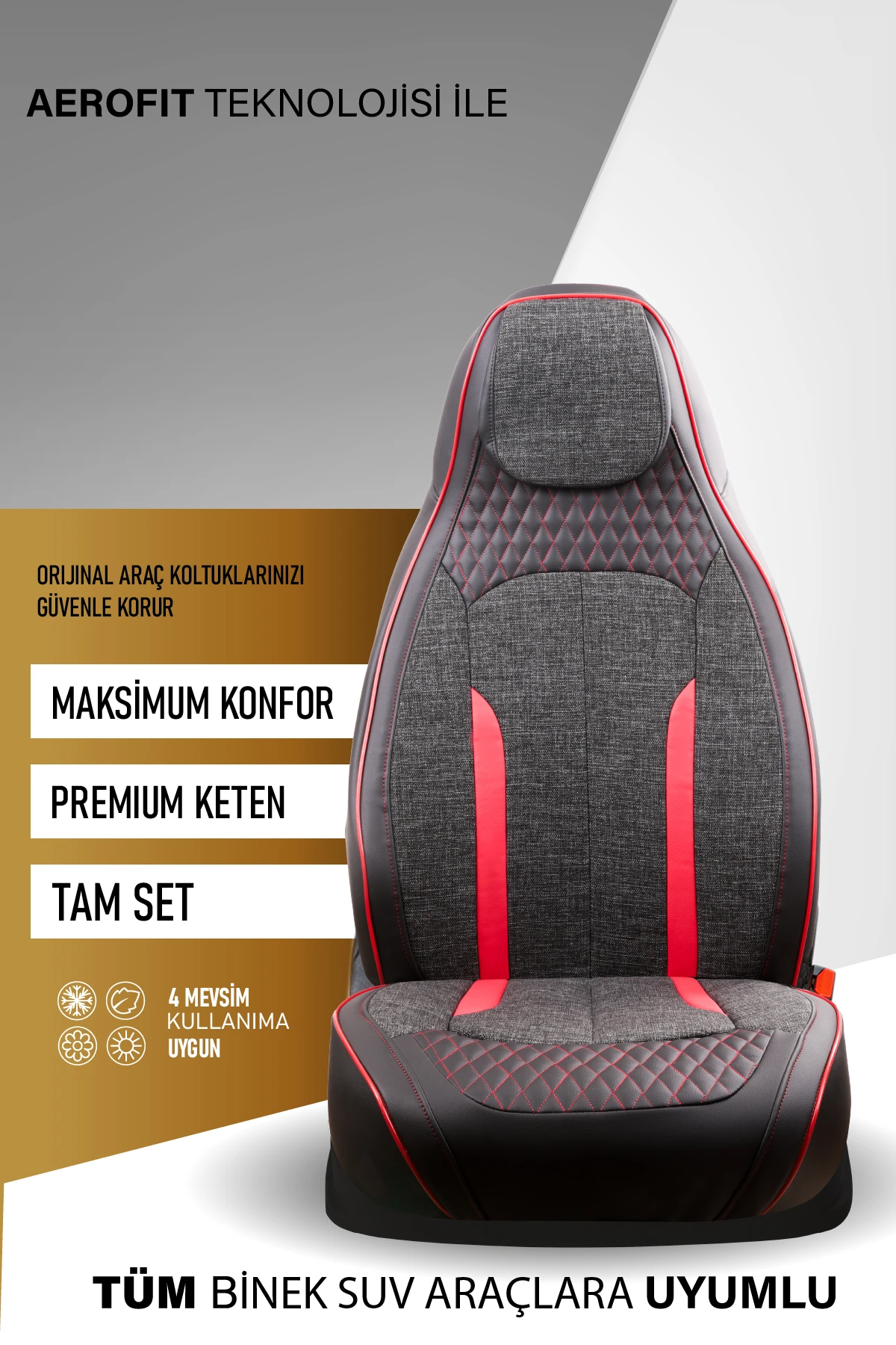 Özel AMG Tasarım Venom Serisi Deri Keten Karışımı Oto Koltuk Kılıfı 5’li Tam Set