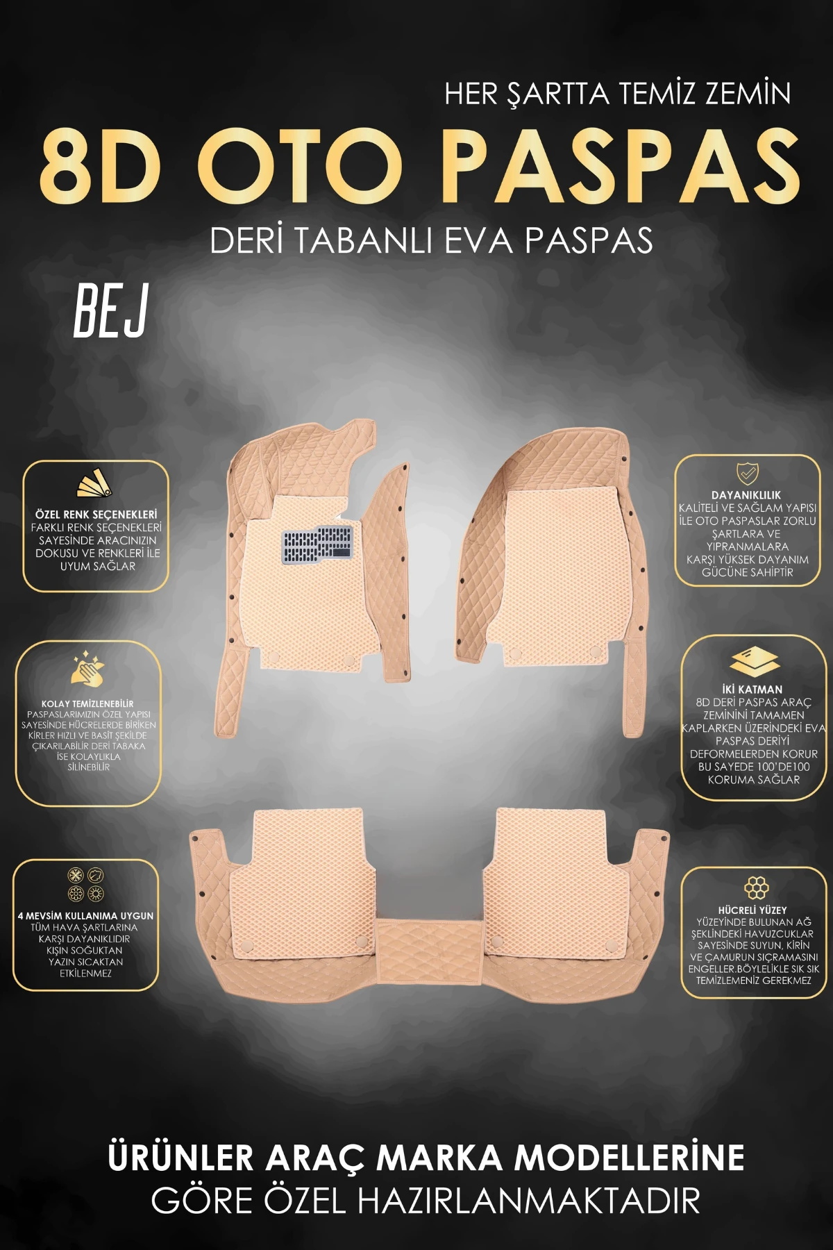 Araca Özel 8D Evalı Deri Taban Kaplama - BEJ