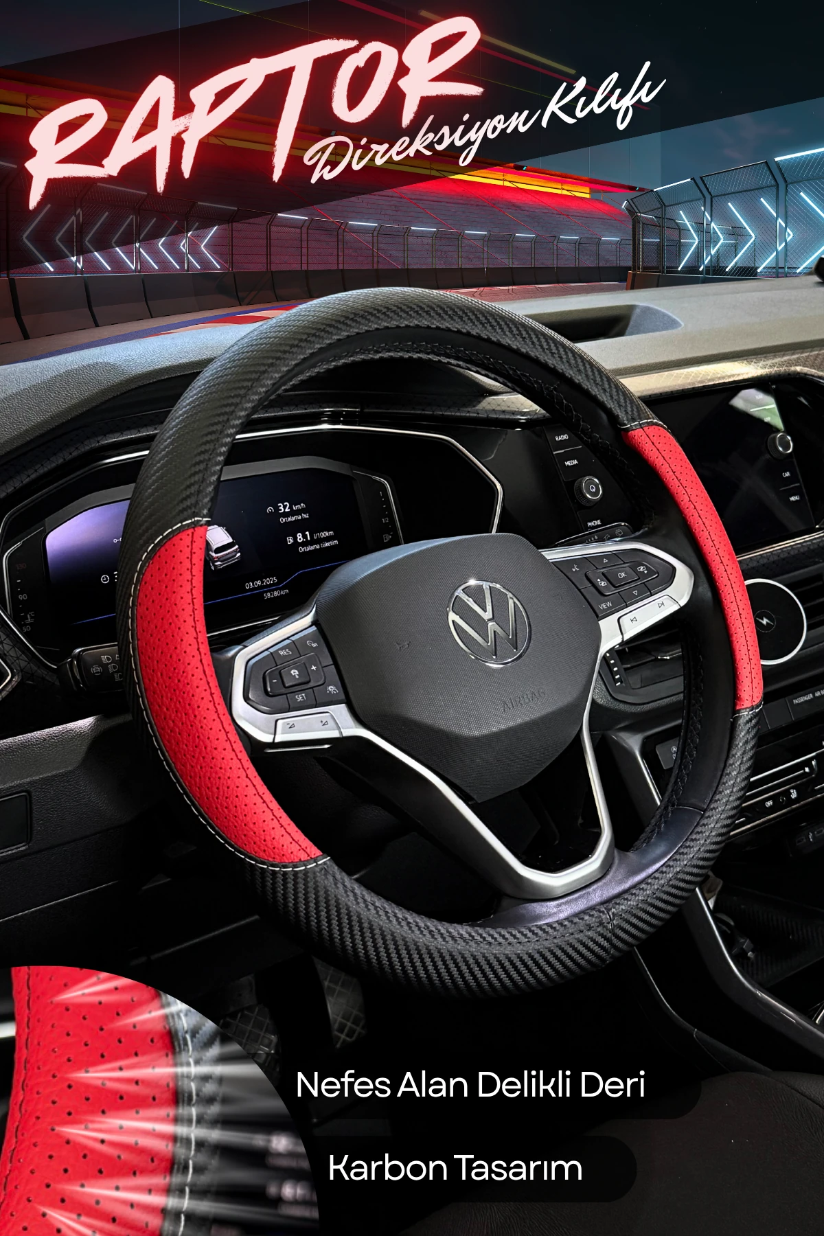 Raptor Serisi Delikli Deri Direksiyon Kılıfı - KIRMIZI