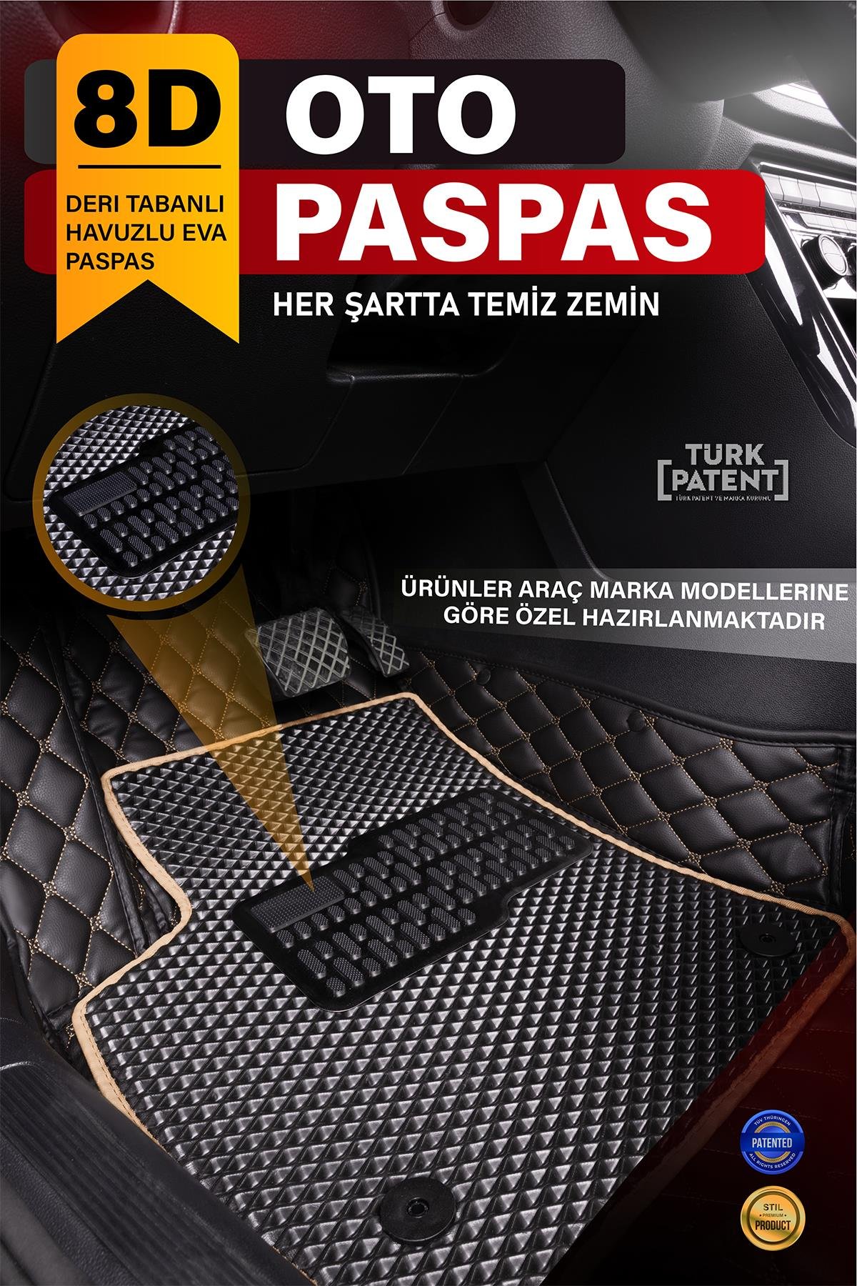 Araca Özel 8D Evalı Deri Taban Kaplama - SİYAH BEJ