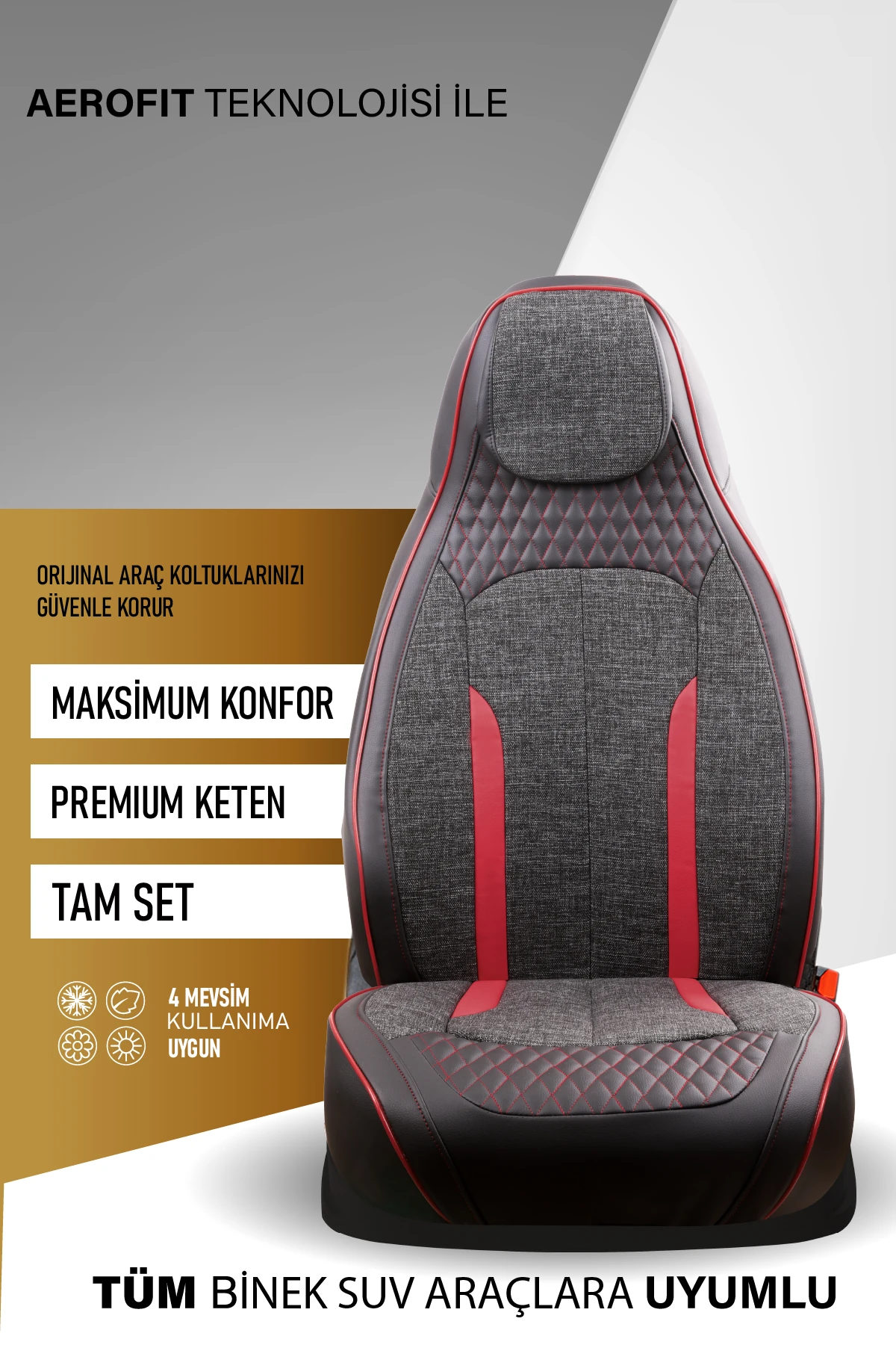 Özel AMG Tasarım Venom Serisi Deri Keten Karışımı Oto Koltuk Kılıfı 5’li Tam Set