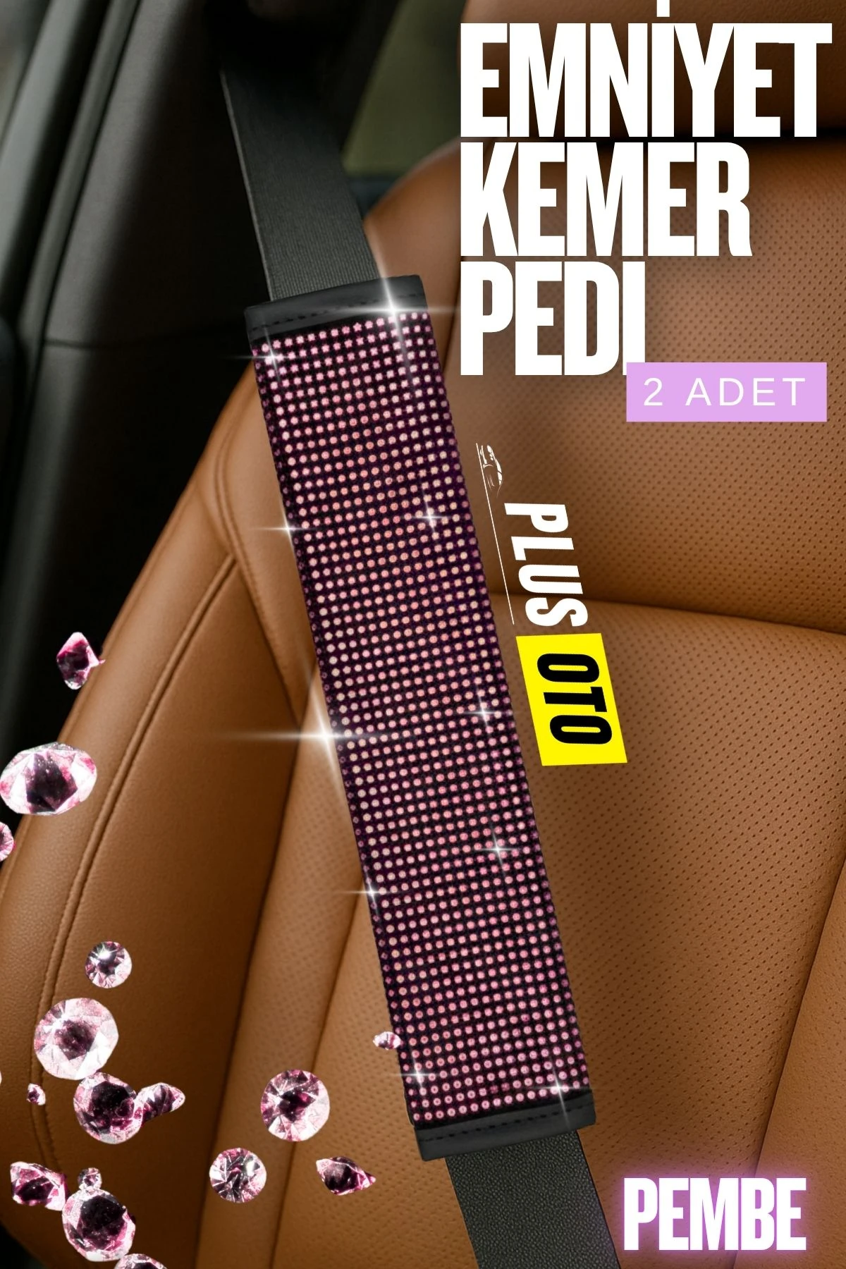 Paris Seri Full Taşlı Emniyet Kemer Pedi 2 Adet - PEMBE