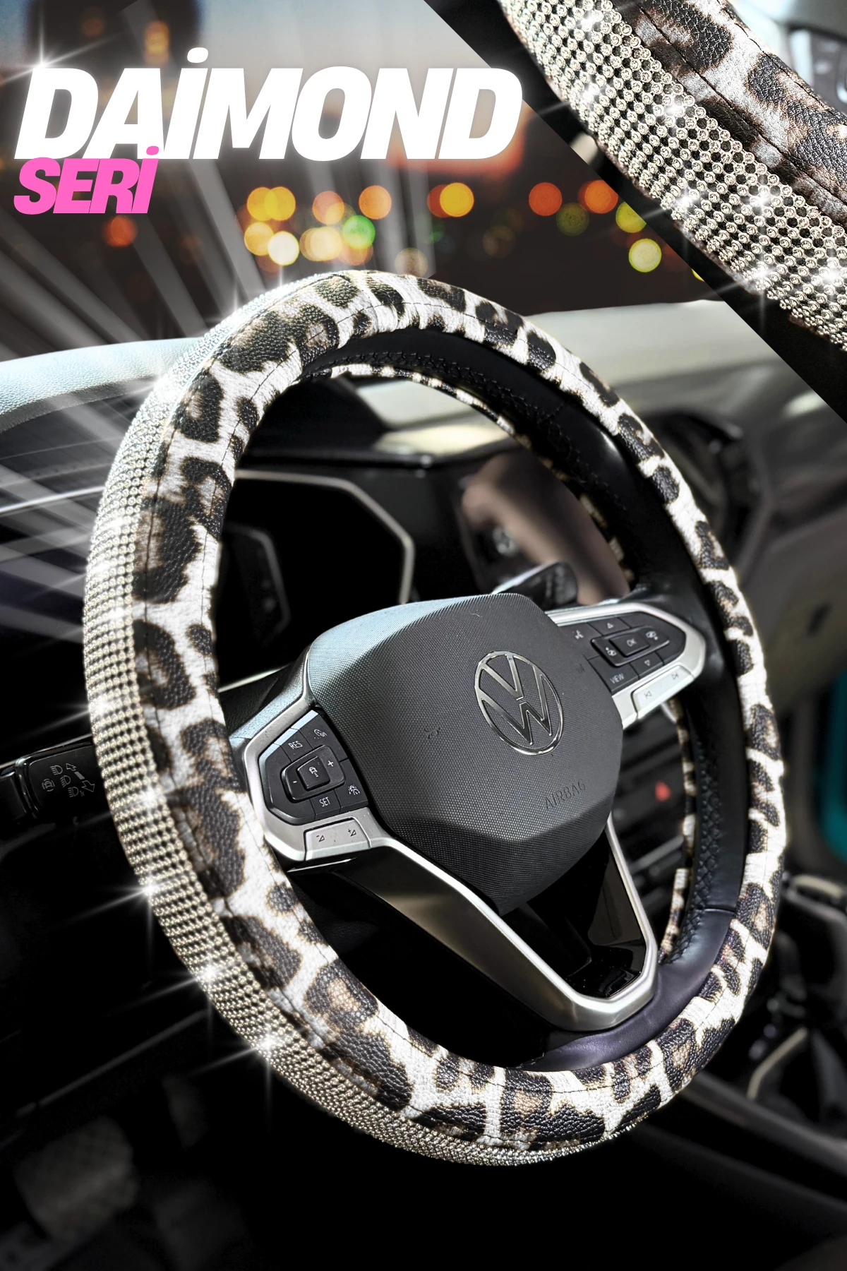 Leopar Desen Taşlı Direksiyon Kılıfı - BEYAZ