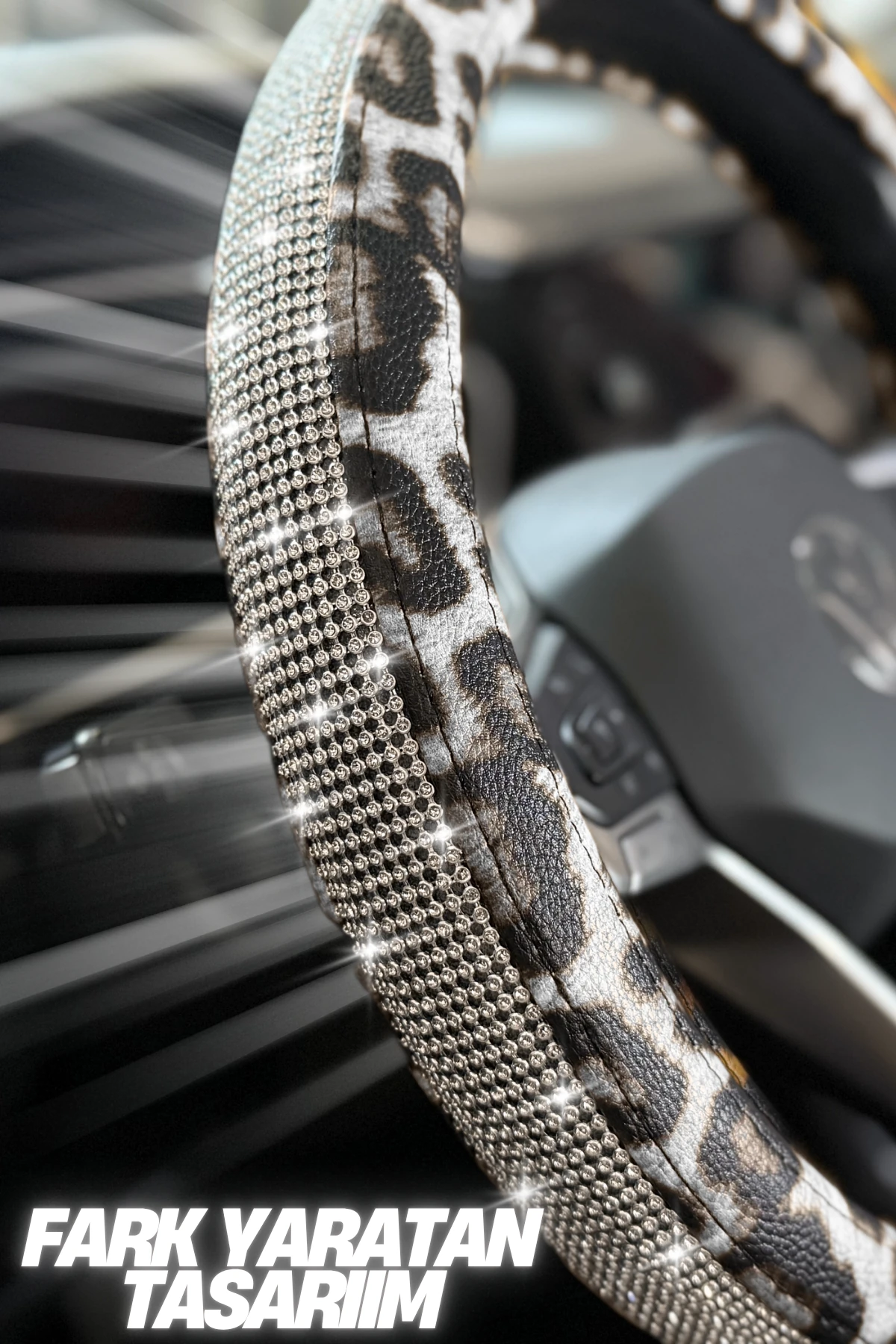 Leopar Desen Taşlı Direksiyon Kılıfı