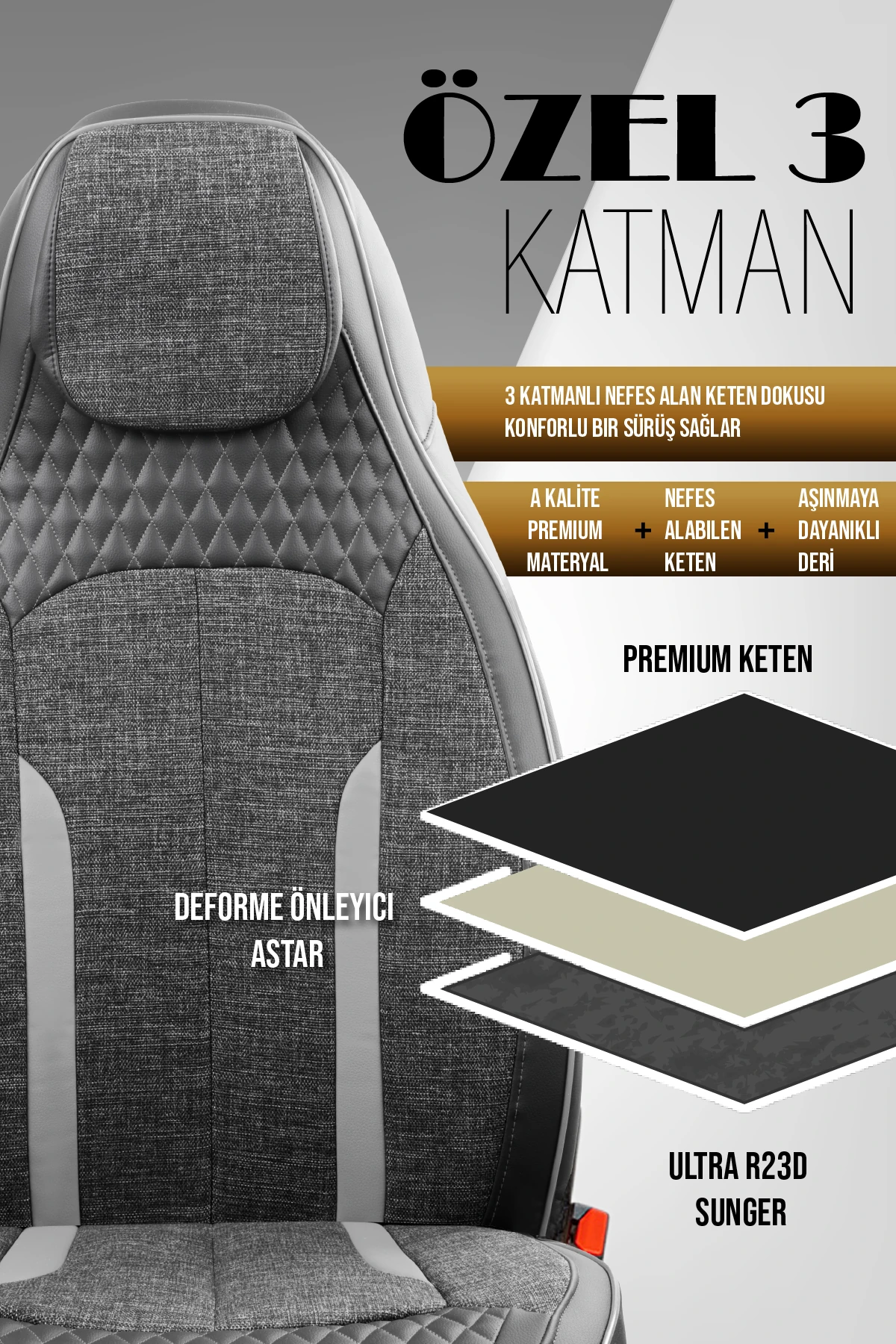 Özel AMG Tasarım Venom Serisi Deri Keten Karışımı Oto Koltuk Kılıfı 5’li Tam Set