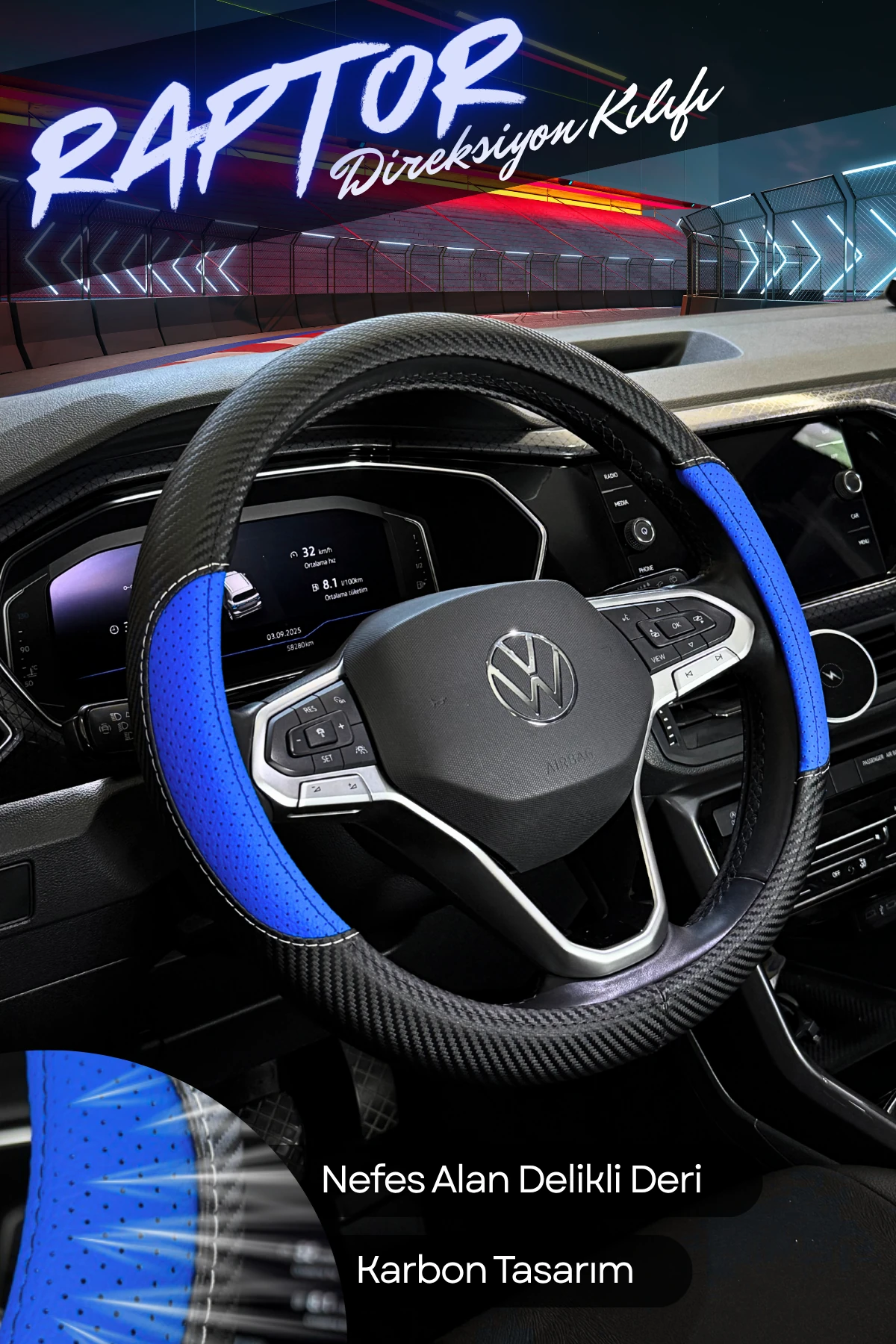 Raptor Serisi Delikli Deri Direksiyon Kılıfı - MAVİ