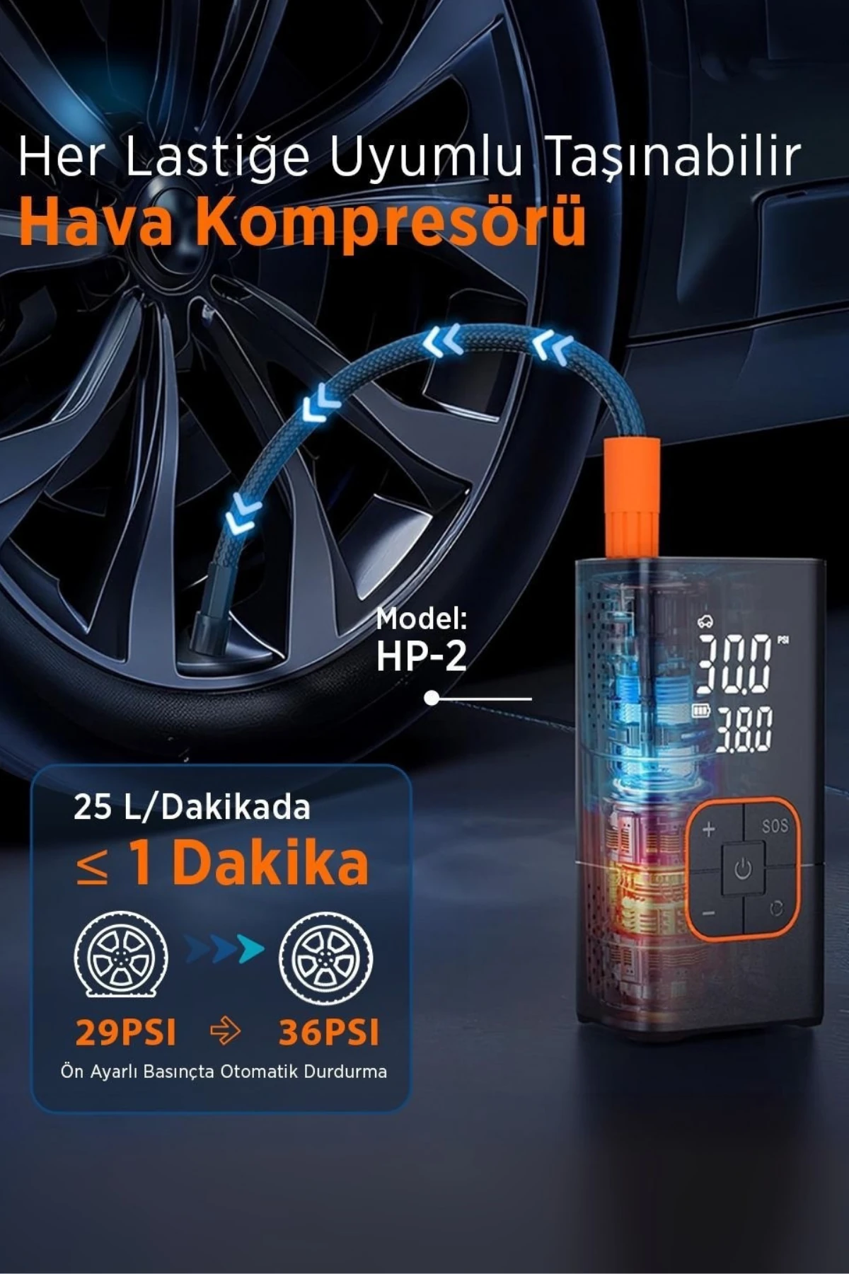 Taşınabilir Hava Kompresörü Araba Bisiklet Top Motor Lastik Şişirme Şarjlı Powerbank Çoklu Kullanım