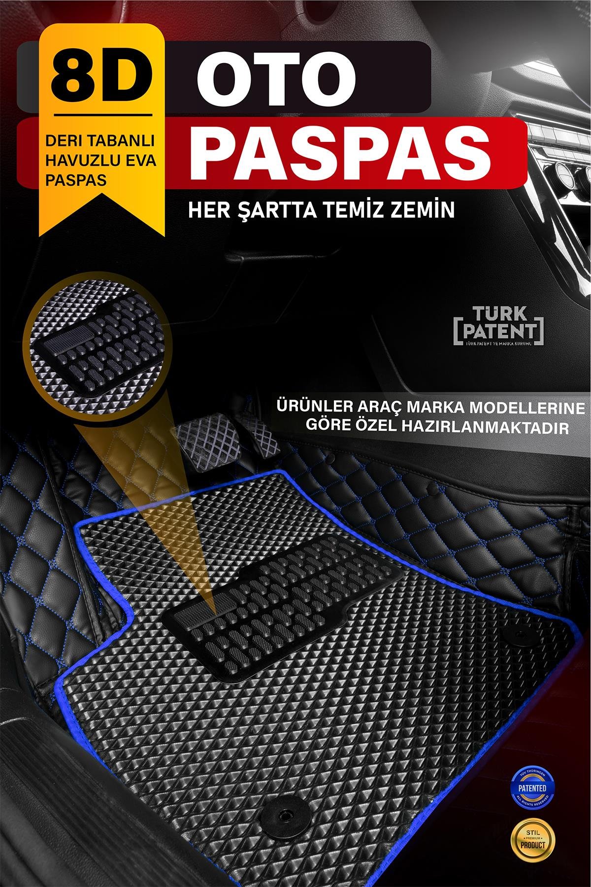 Araca Özel 8D Evalı Deri Taban Kaplama - SİYAH MAVİ