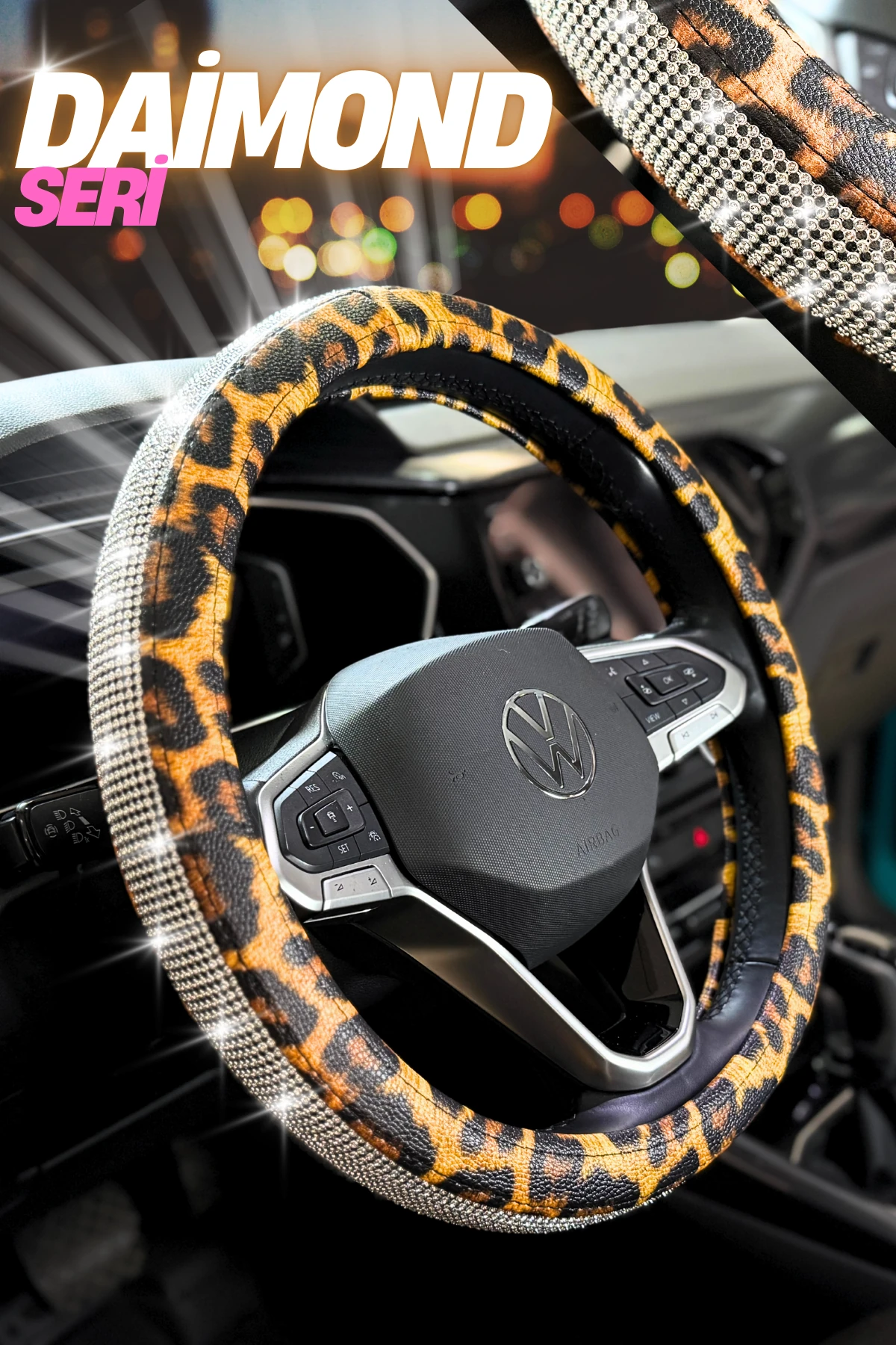 Leopar Desen Taşlı Direksiyon Kılıfı - TABA