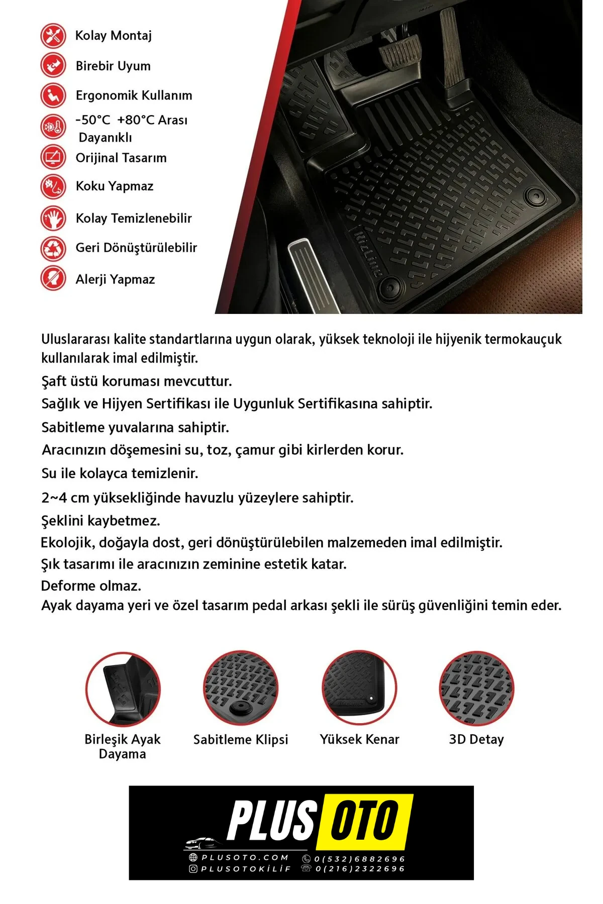 Araca Özel 4D Kauçuk Paspas 5'li Tam Takım Set