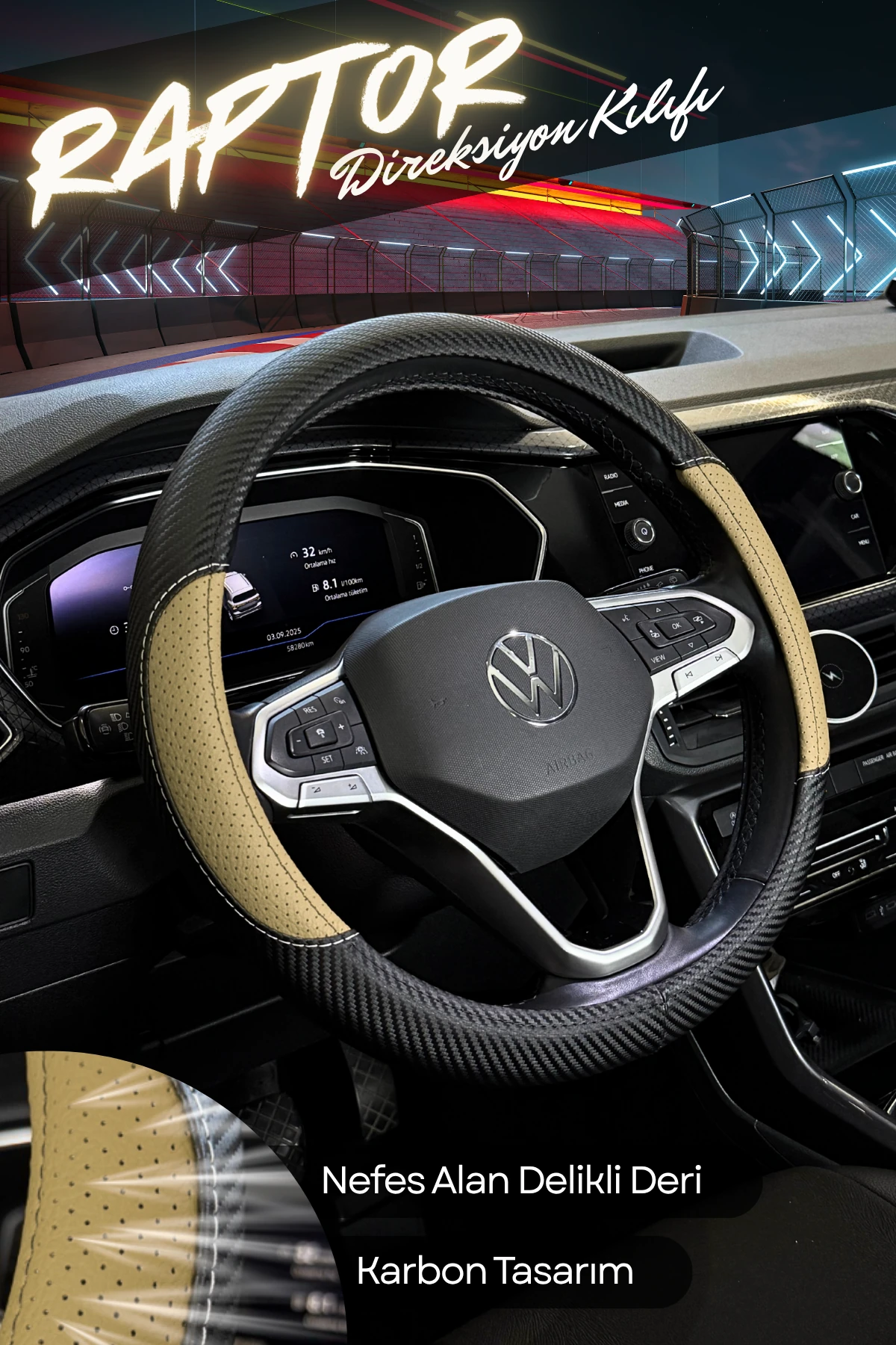 Raptor Serisi Delikli Deri Direksiyon Kılıfı - BEJ