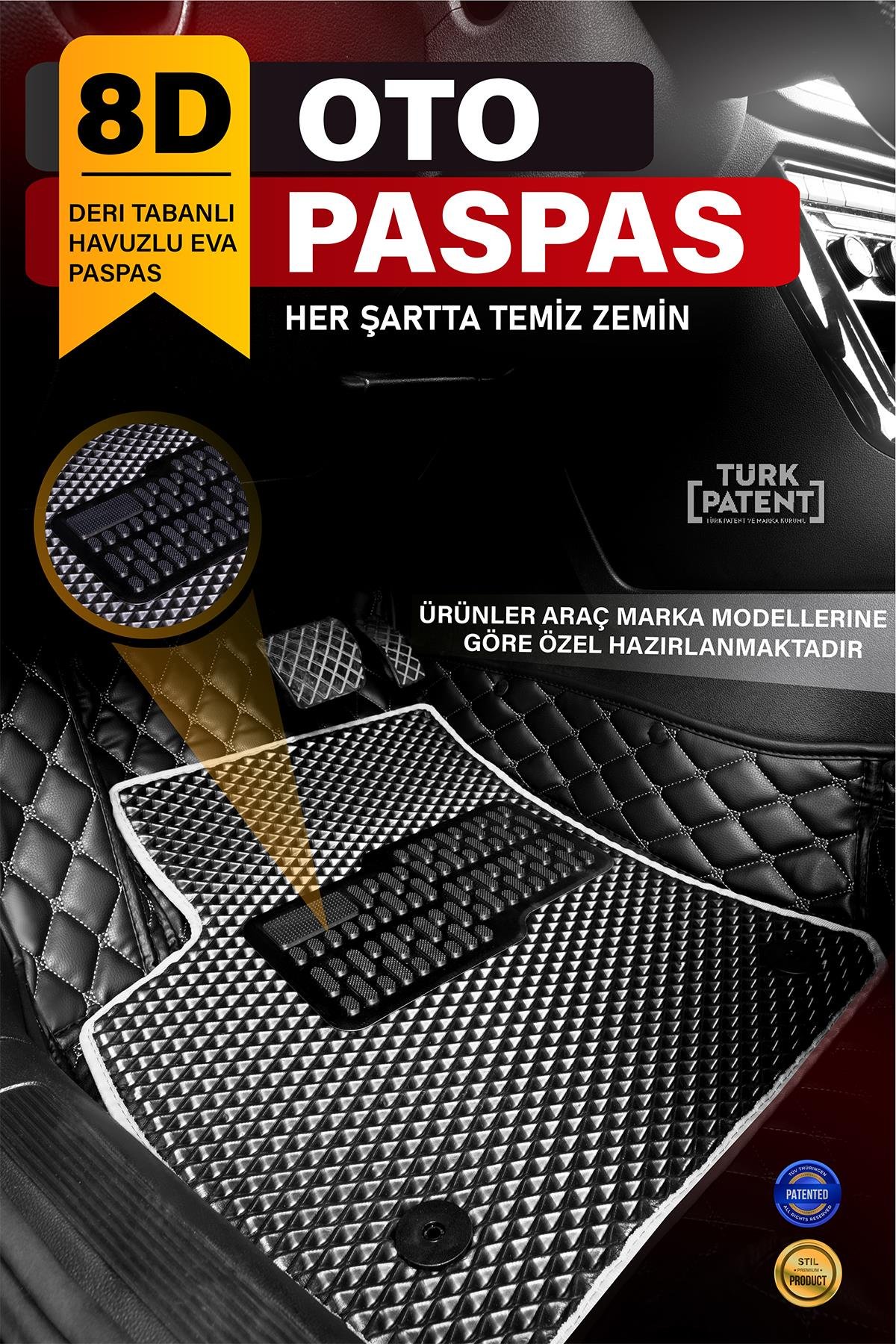 Araca Özel 8D Evalı Deri Taban Kaplama - SİYAH BEYAZ