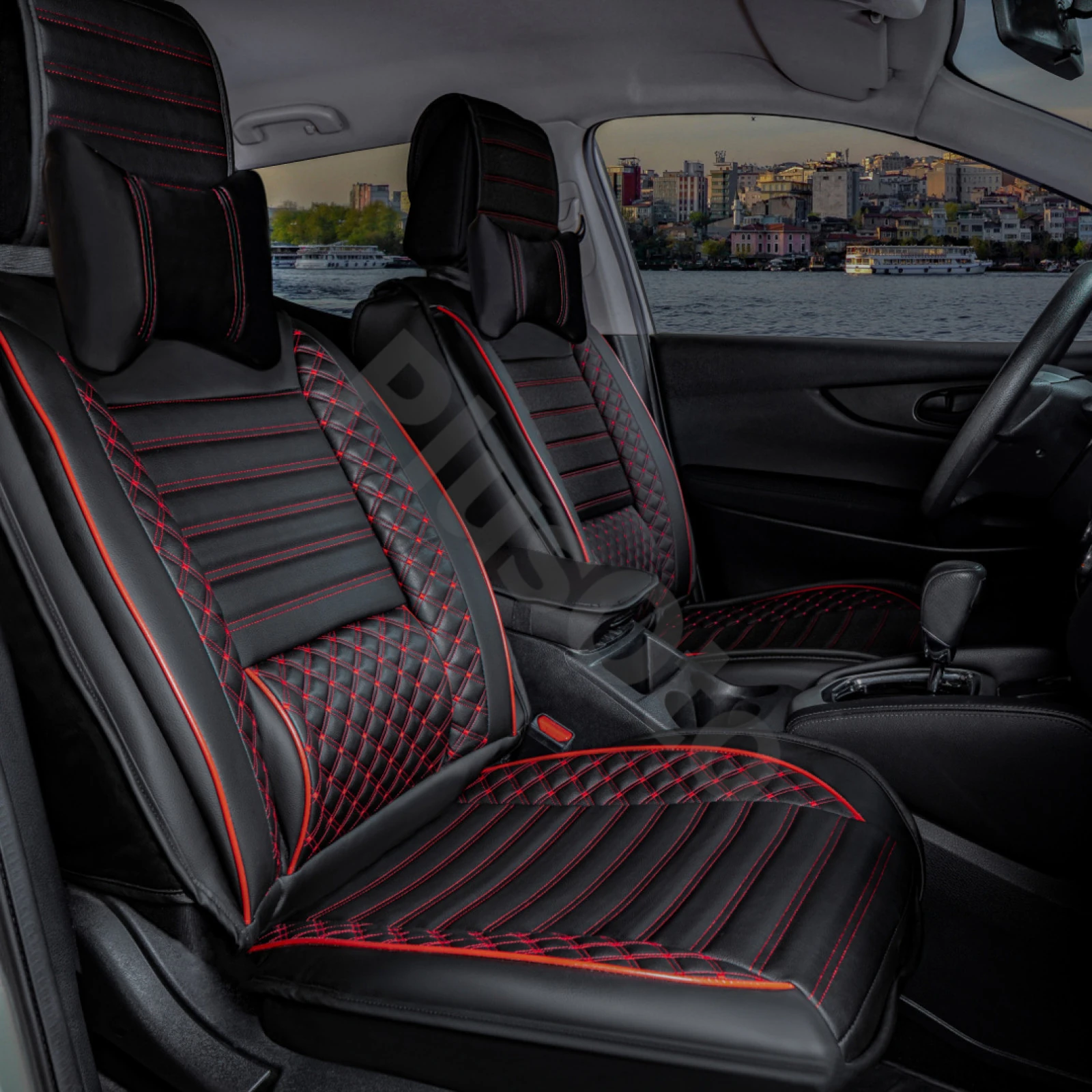 Plus Lüks 5’li Set Deri Oto Koltuk Kılıfı - SİYAH KIRMIZI