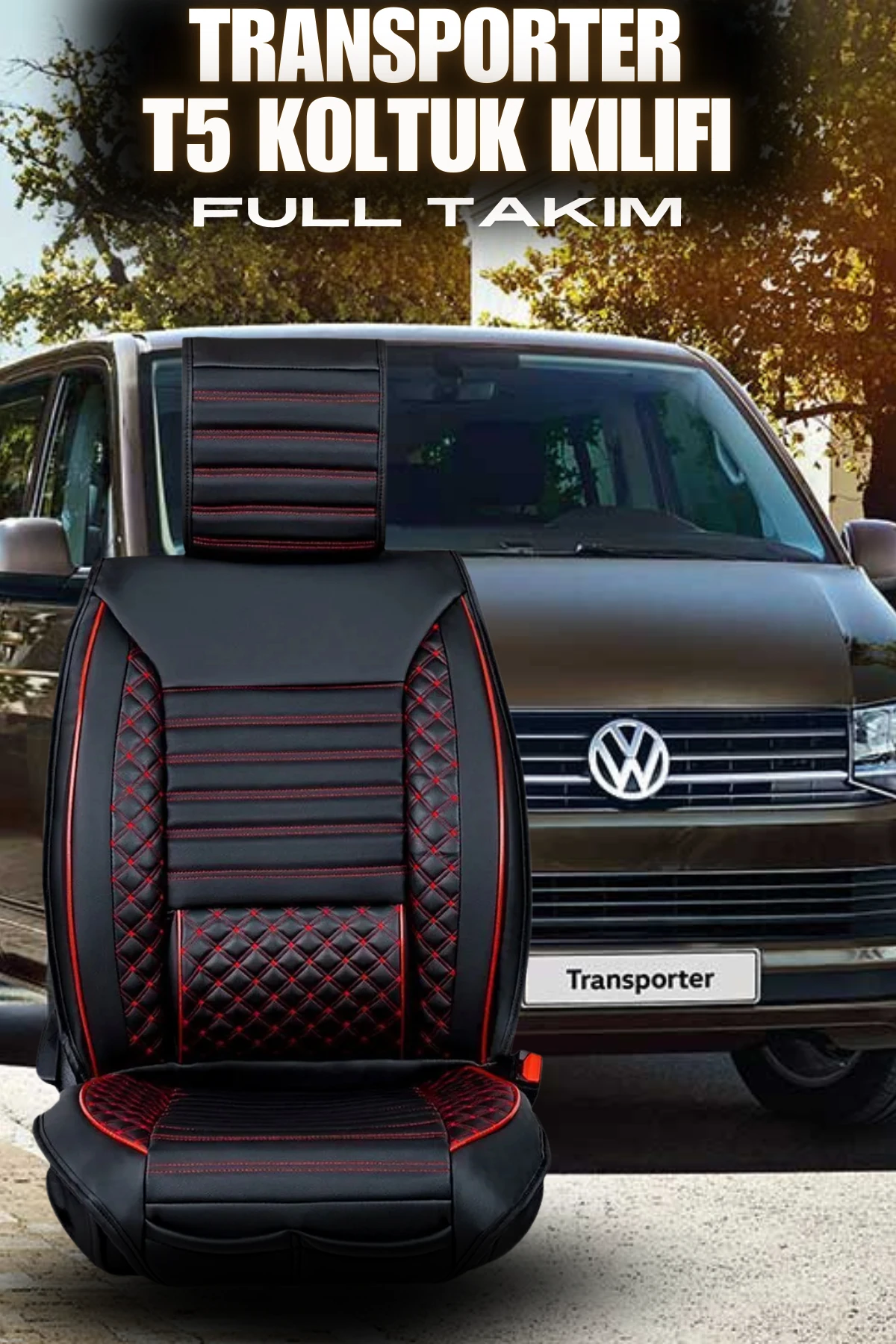 Transporter Plus Lüks Deri Oto Koltuk Kılıfı - SİYAH KIRMIZI