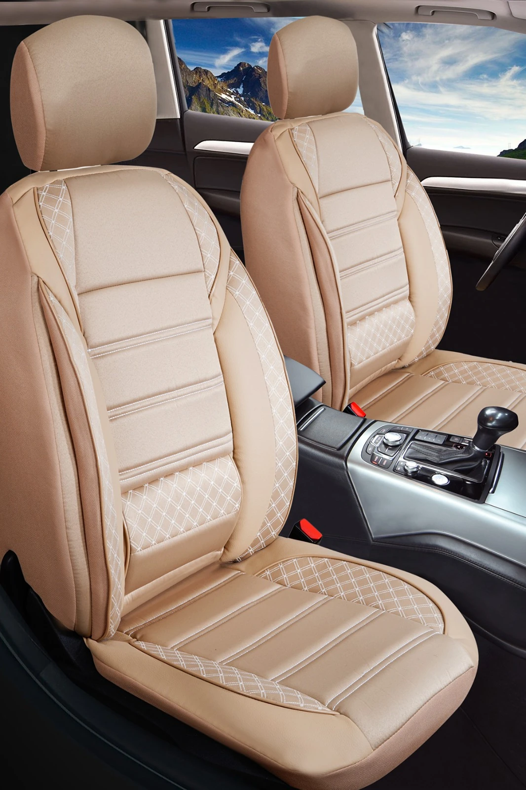 Vera Serisi 5'li Tam Takım Deri Detaylı Oto Koltuk Kılıfı  - BEJ