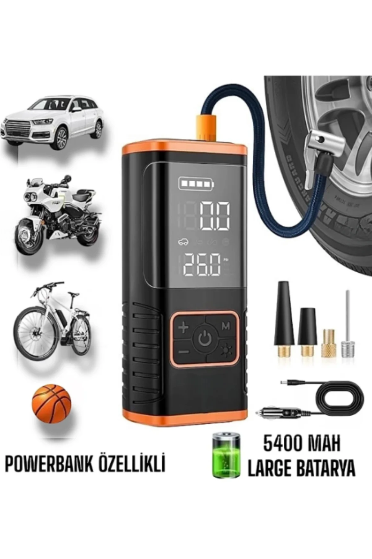 Taşınabilir Hava Kompresörü Araba Bisiklet Top Motor Lastik Şişirme Şarjlı Powerbank Çoklu Kullanım