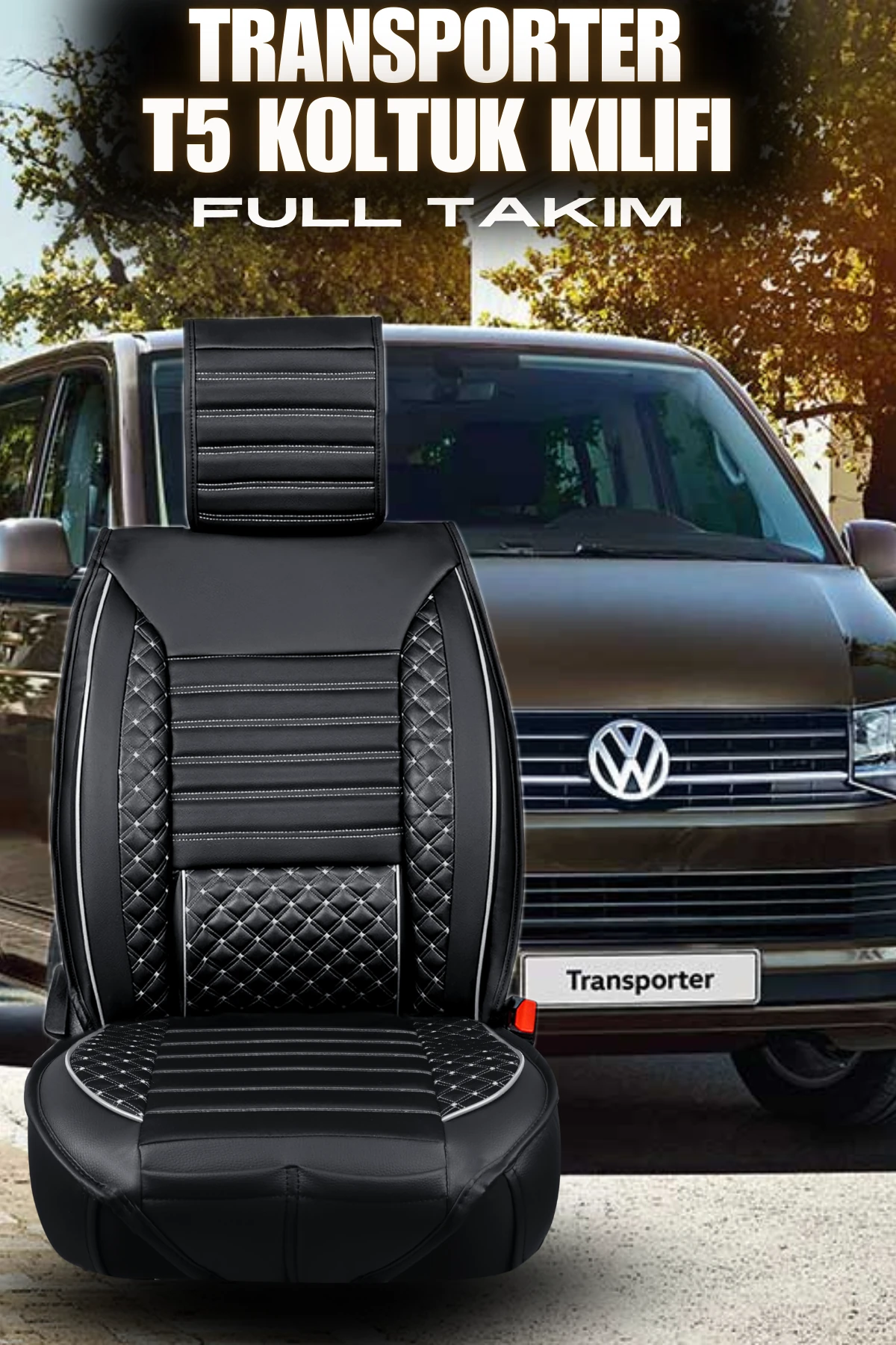 Transporter Plus Lüks Deri Oto Koltuk Kılıfı - SİYAH BEYAZ