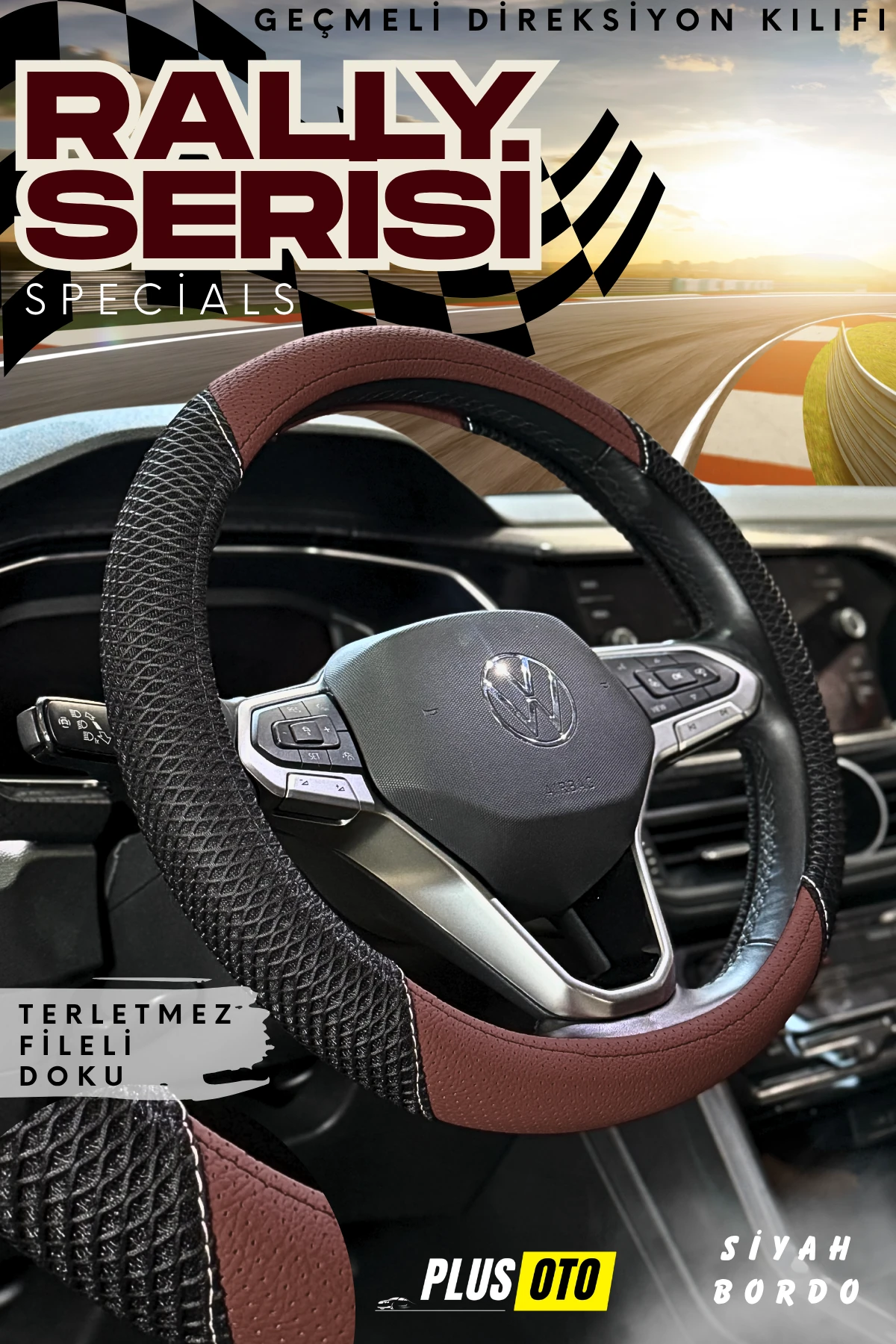 Rally Serisi Terletmez Fileli Direksiyon Kılıfı  - BORDO