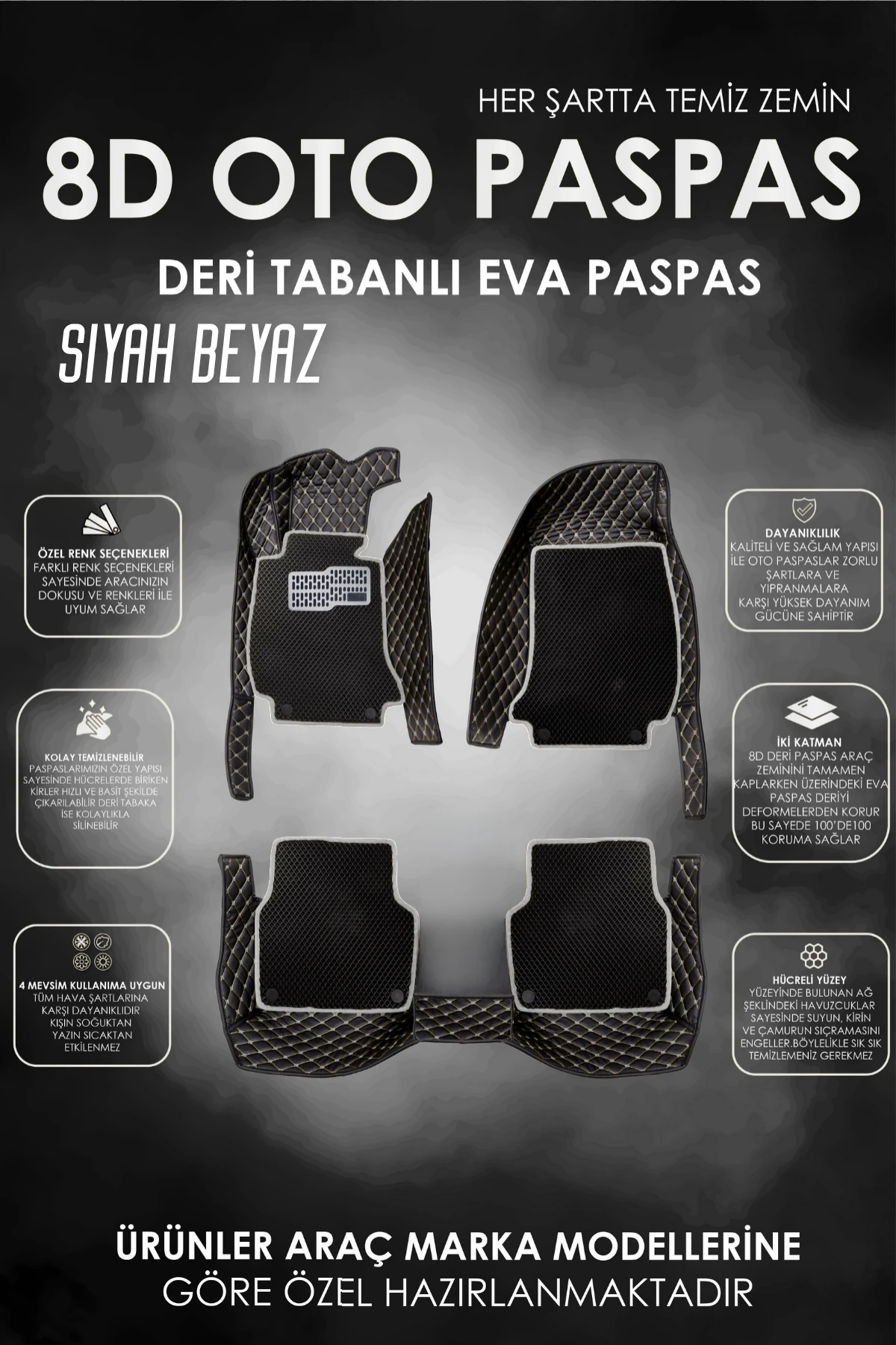 Araca Özel 8D Evalı Deri Taban Kaplama - SİYAH BEYAZ