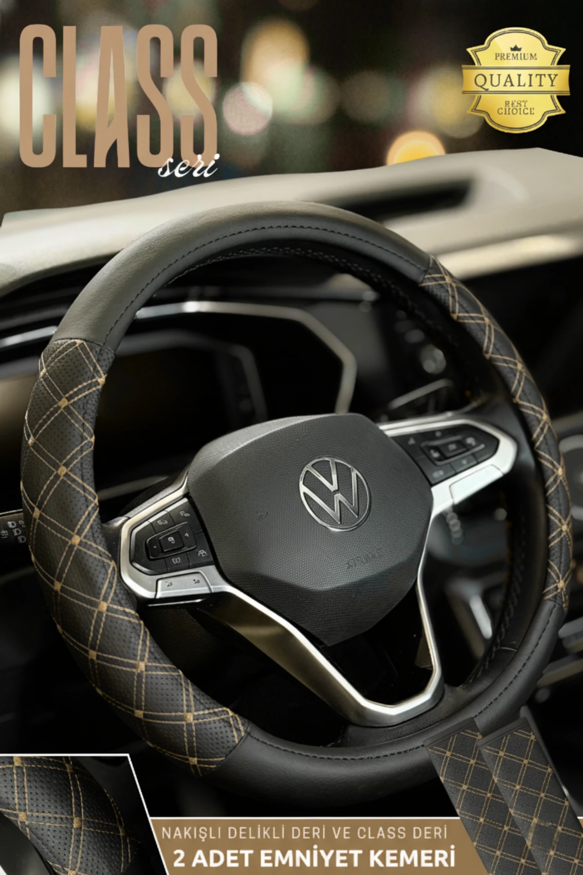 Class Serisi Nakışlı Direksiyon Kılıfı ve 2 Adet Emniyet Kemer Pedi  - BEJ