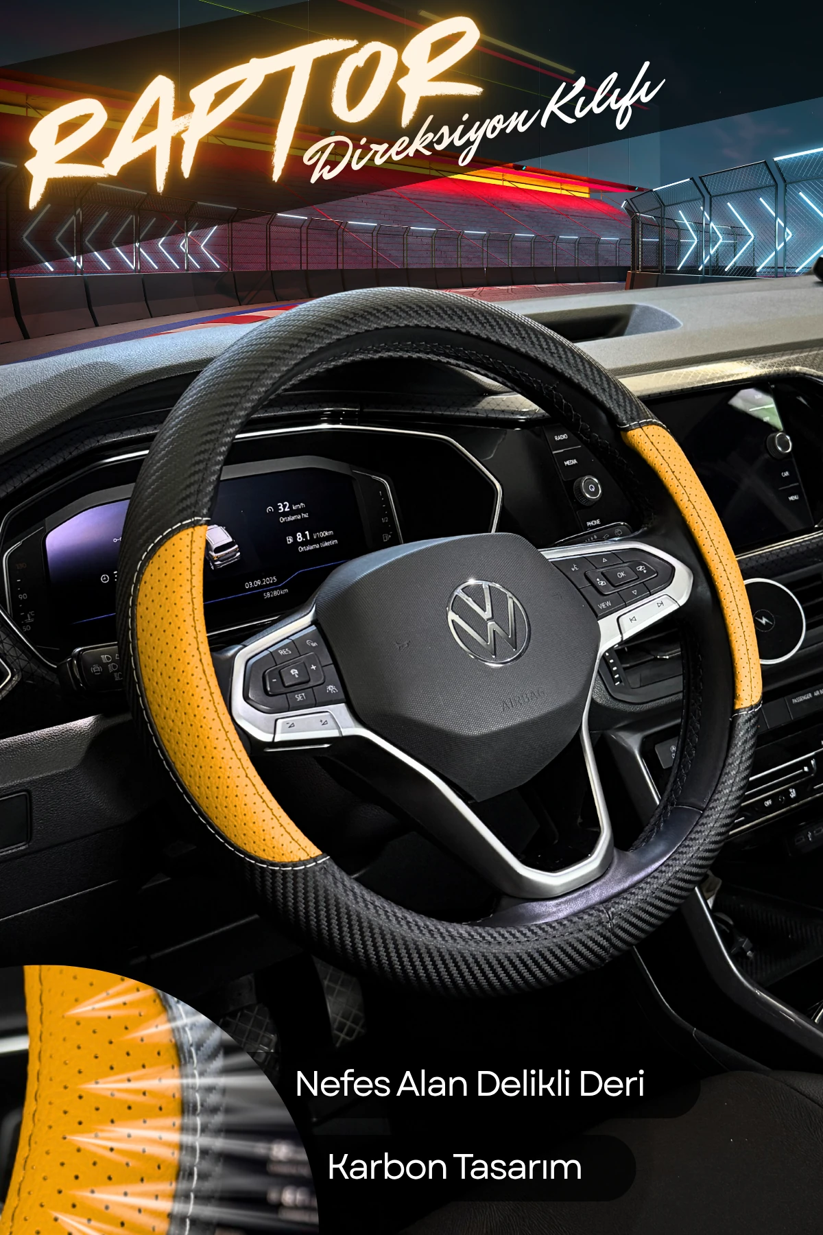 Raptor Serisi Delikli Deri Direksiyon Kılıfı - SARI